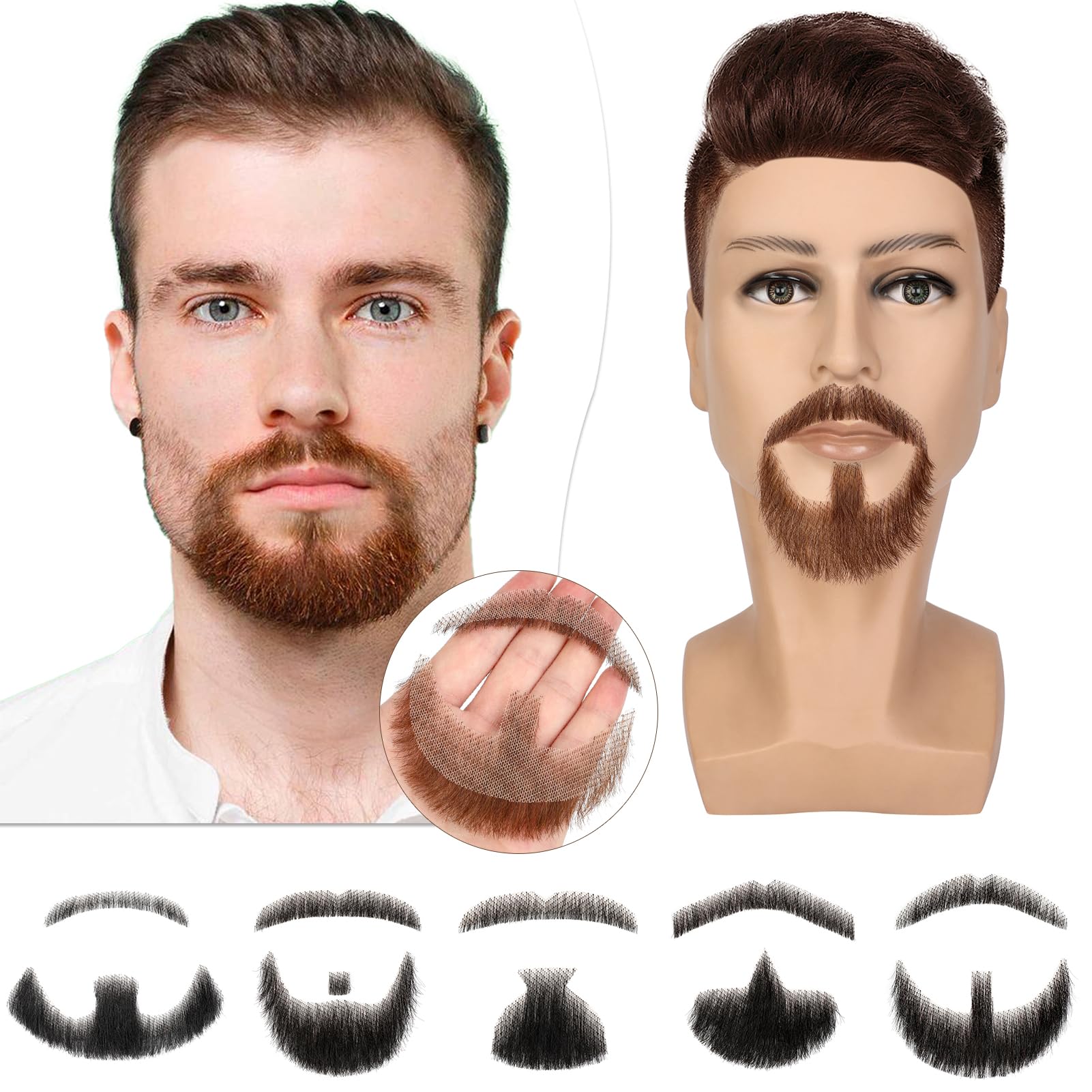 100% Real Human Hair Full Hand-Tied Lace Fake Mustache & Goatee Set - Natural Brown Beard for Men - Realistic Costume Mustache for Halloween, Cosplay, Theater & Movie Props - Perfect for Parties, Dramatic Performances & Entertainment Events