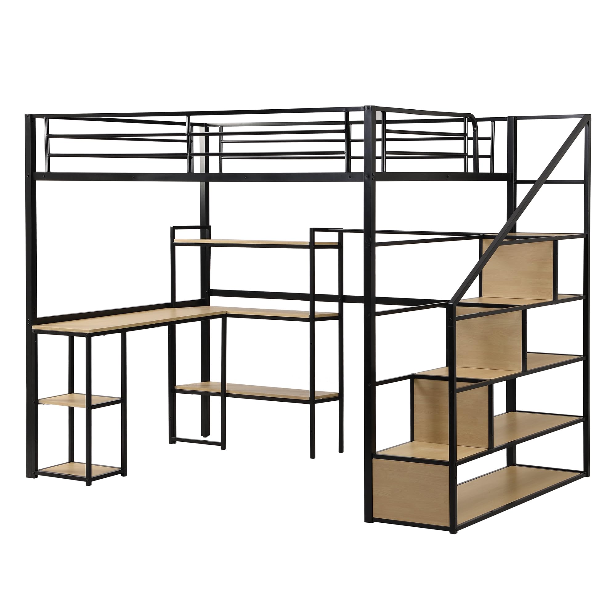Harper & Bright Designs Full Size Loft Bed with Staircase & Desk - Sturdy Metal Frame with Storage Shelves - Space-Saving High Loft Bed for Kids, Teens, Boys & Girls (Full, Black) - Perfect for Small Bedrooms, Dorms & Shared Kids' Rooms