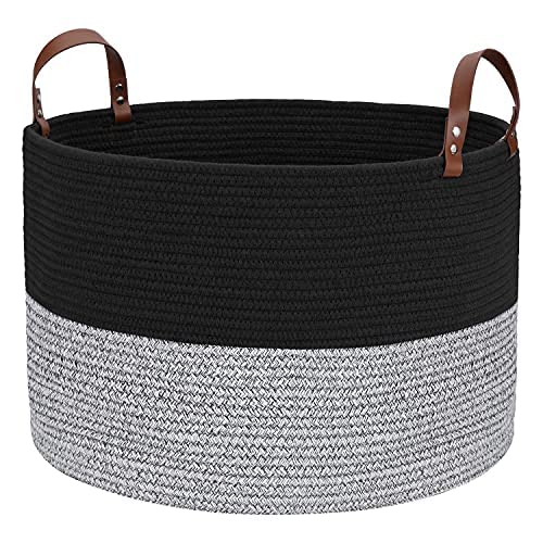 Large Cotton Rope Woven Laundry Basket - 20x20x13 Inches Collapsible Storage Hamper with Handles for Blankets, Pillows & Throws | Stylish Black & Grey Home Organization Solution for Bedroom, Bathroom or Nursery