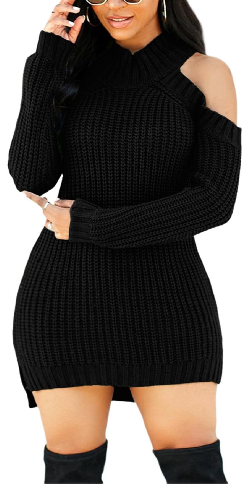 SexyCherry Women's Casual Off Shoulder Long Sleeve Knit Sweater Dress - Winter Pullover Tunic for Date Night, Party & Office Wear