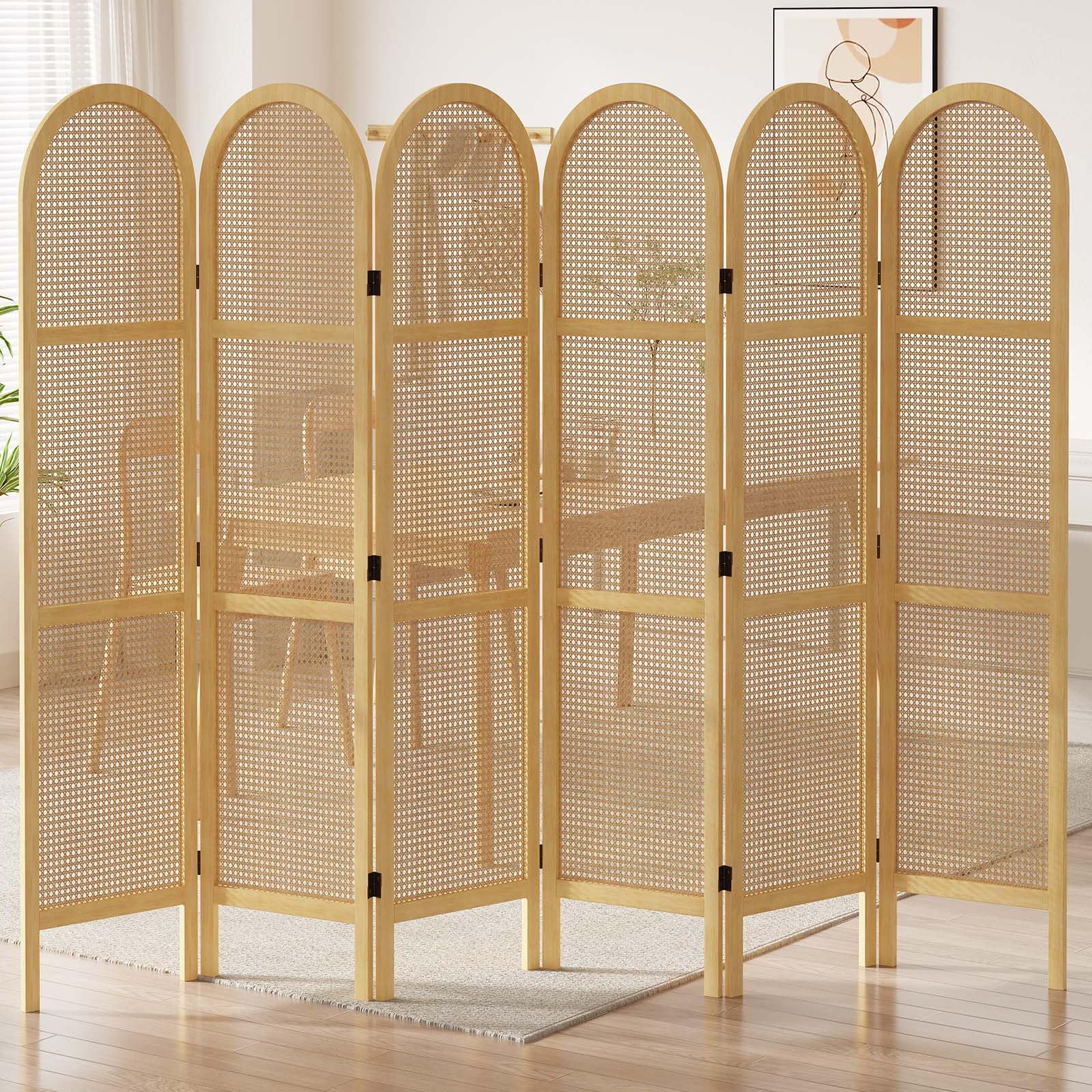 5.6 Ft Double Hinged Rattan Room Divider - Freestanding Folding Privacy Screen with 6 Panels for Bedroom, Office & Living Room (Natural) | Home & Office Partition Wall Decor