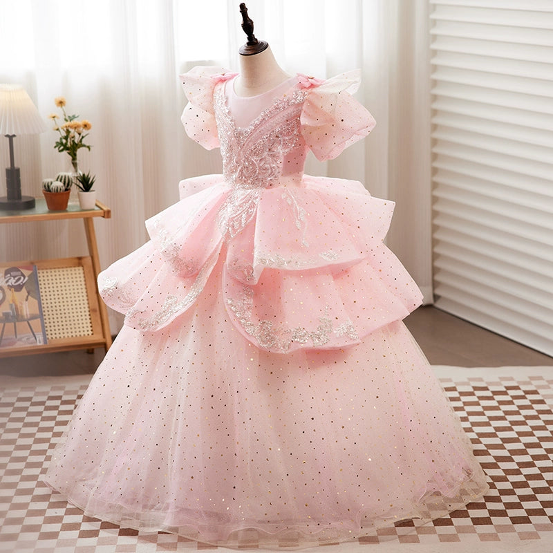 Pink Princess Round Floor Length Tulle Flower Girl Dress for Weddings, Birthday Parties & Special Occasions