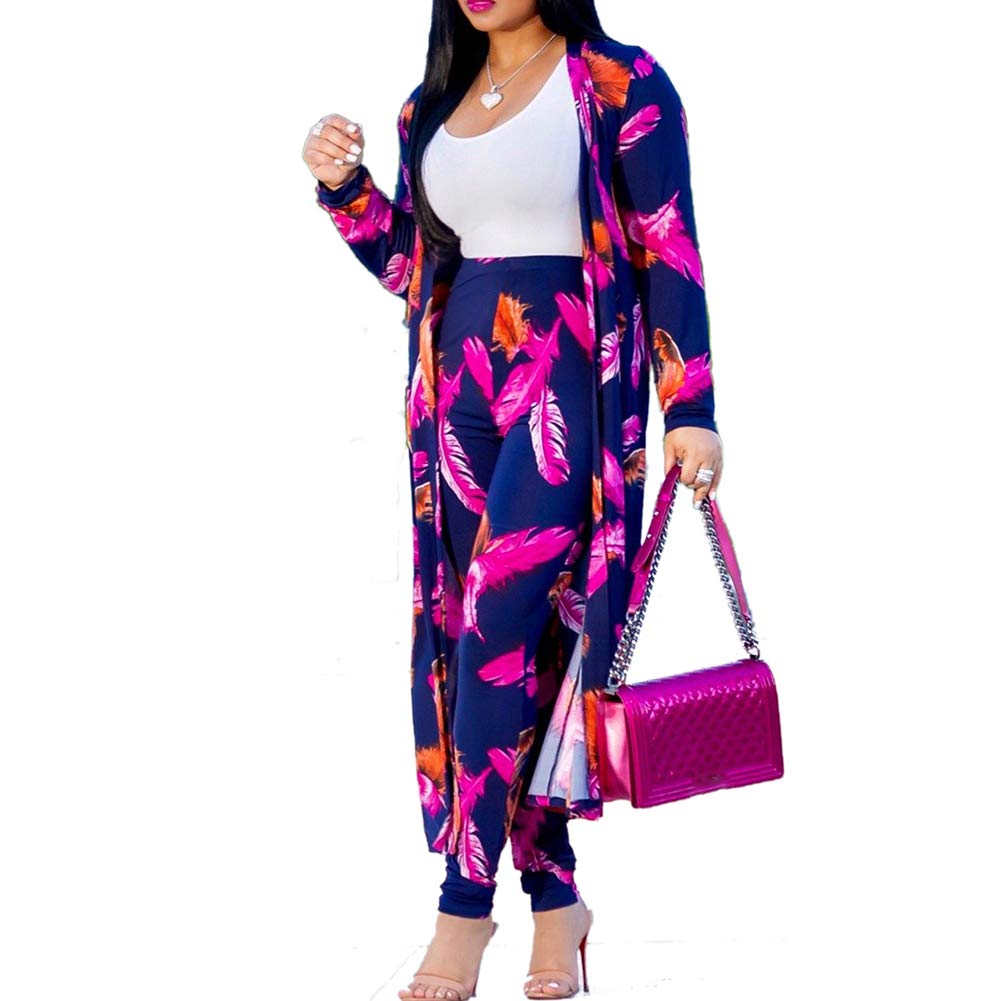 Women's Printed Long Cardigan 2-Piece Outfit Set with Long Sleeve Coat & Trousers | Stylish Fall/Winter Layering for Work, Date Night & Casual Outings