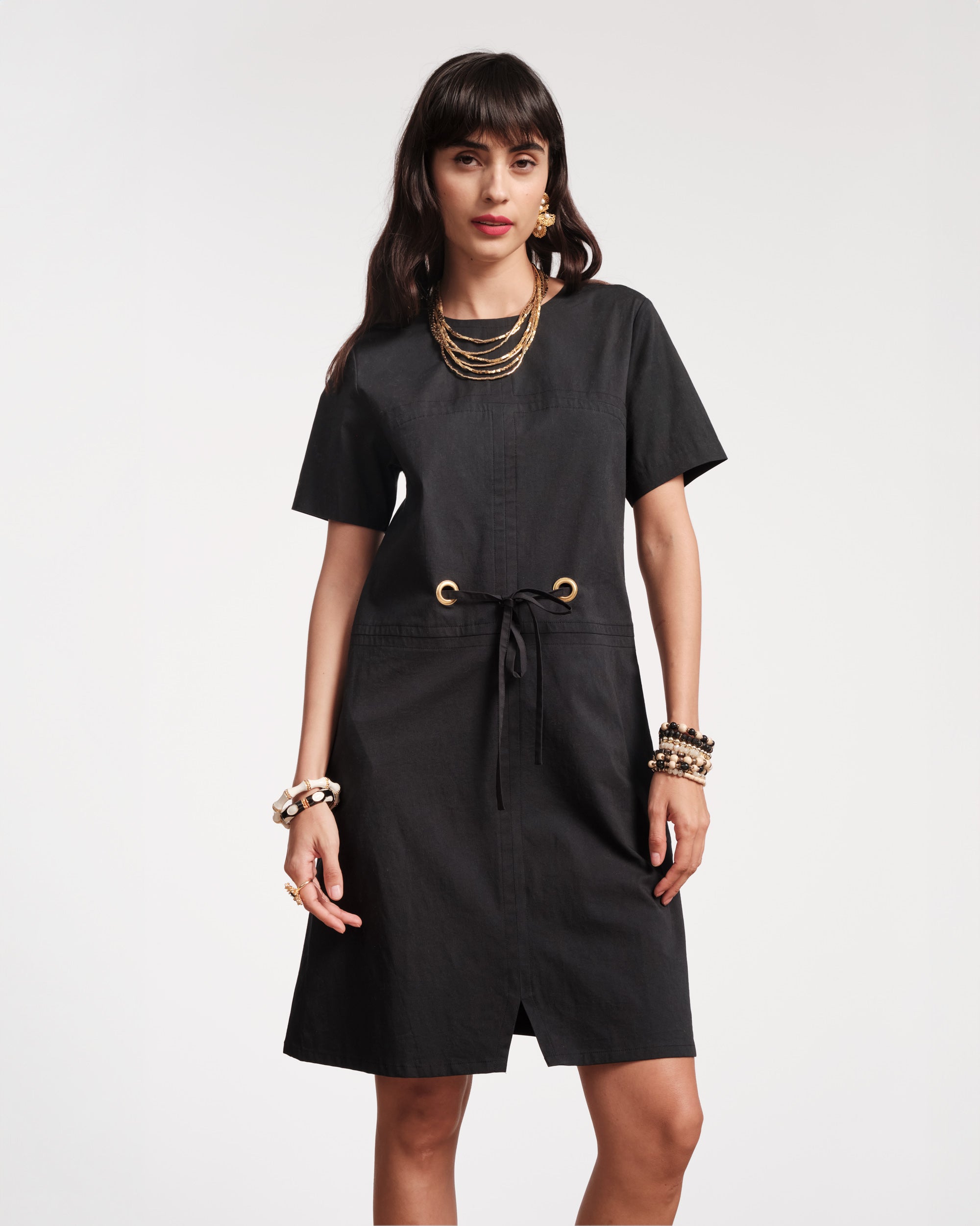 London Dress - Solid Black Cotton Stretch Dress for Women | Comfortable & Stylish for Casual Wear, Office, and Evening Outings