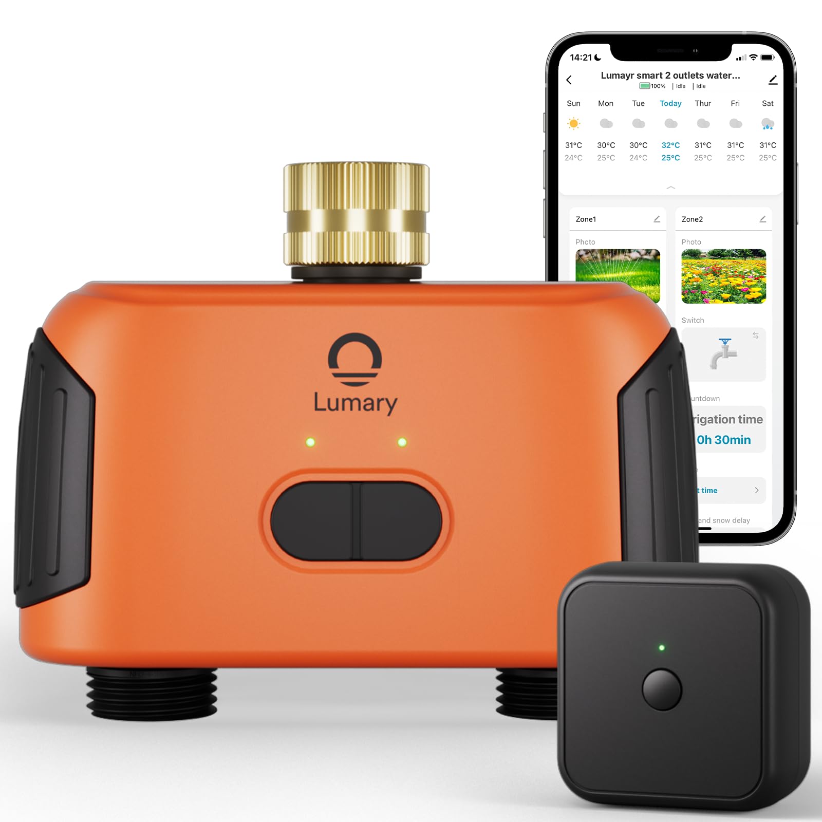 Lumary Smart WiFi Sprinkler Timer 2 Zone - Automatic Garden Hose Water Timer with App & Voice Control (Alexa/Google Assistant) - Brass Inlet Irrigation Controller System with Gateway - Perfect for Lawn, Yard & Garden Watering Automation