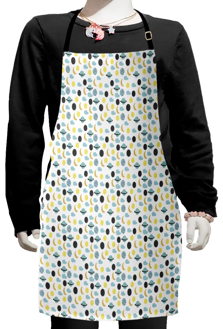 Ambesonne Moon Apron - Adjustable Baking & Painting Apron with Crescent Moon, Planets & Clouds Doodle Pattern, Small Size Multicolor - Perfect for Home Cooking, Art Classes & DIY Crafts