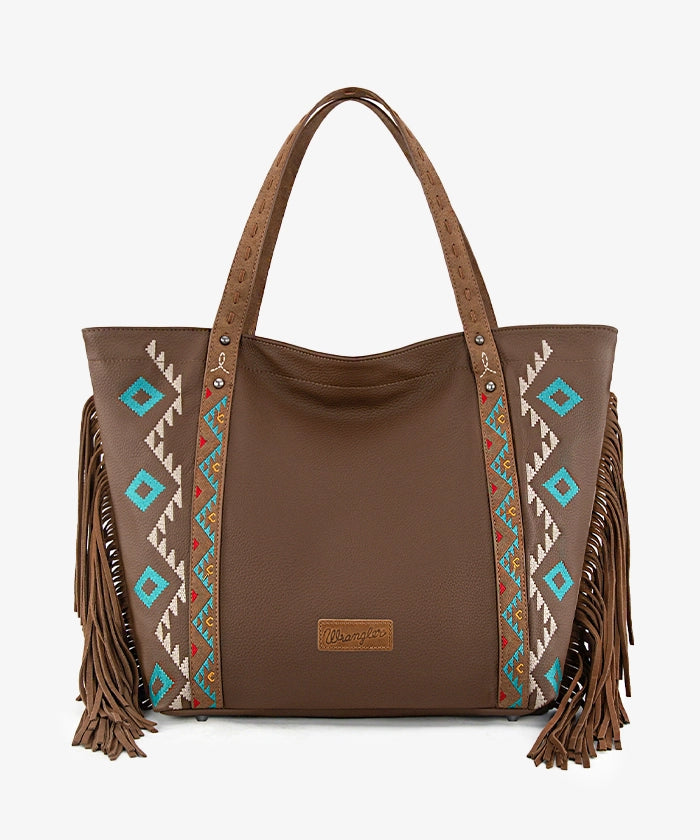Wrangler Aztec Embroidered Fringe Wide Tote Bag for Women - Stylish Boho Shoulder Purse for Beach, Travel & Everyday Use