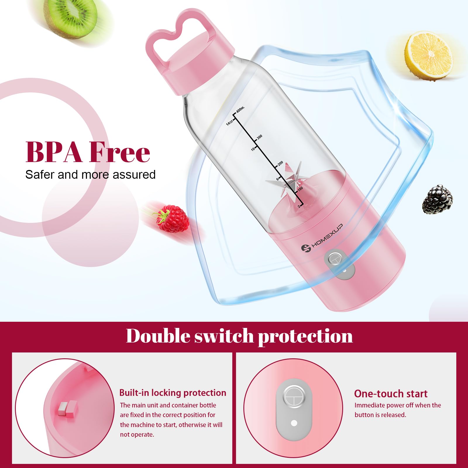 Portable Personal Blender 17 OZ/500ML - 175W Mini Blender for Smoothies, Juicing, Ice Crushing & Food Prep | Compact, Lightweight & Travel-Friendly | Perfect for Home, Office, Gym & Outdoor Use (Pink)