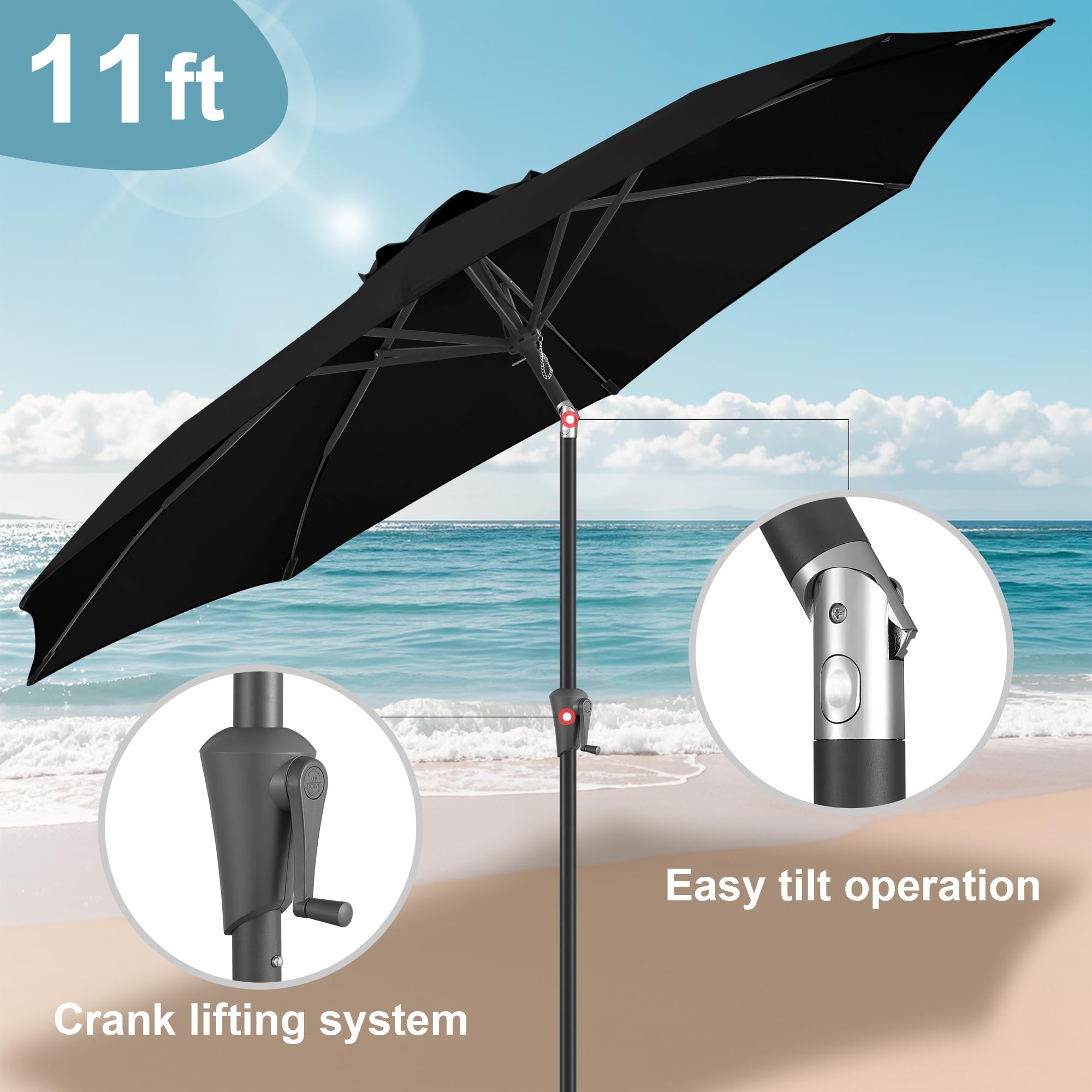 FLAME&SHADE 11 Foot Outdoor Patio Umbrella with Fiberglass Ribs & Adjustable Tilt - Perfect for Backyard, Poolside, and Beach Use - Black