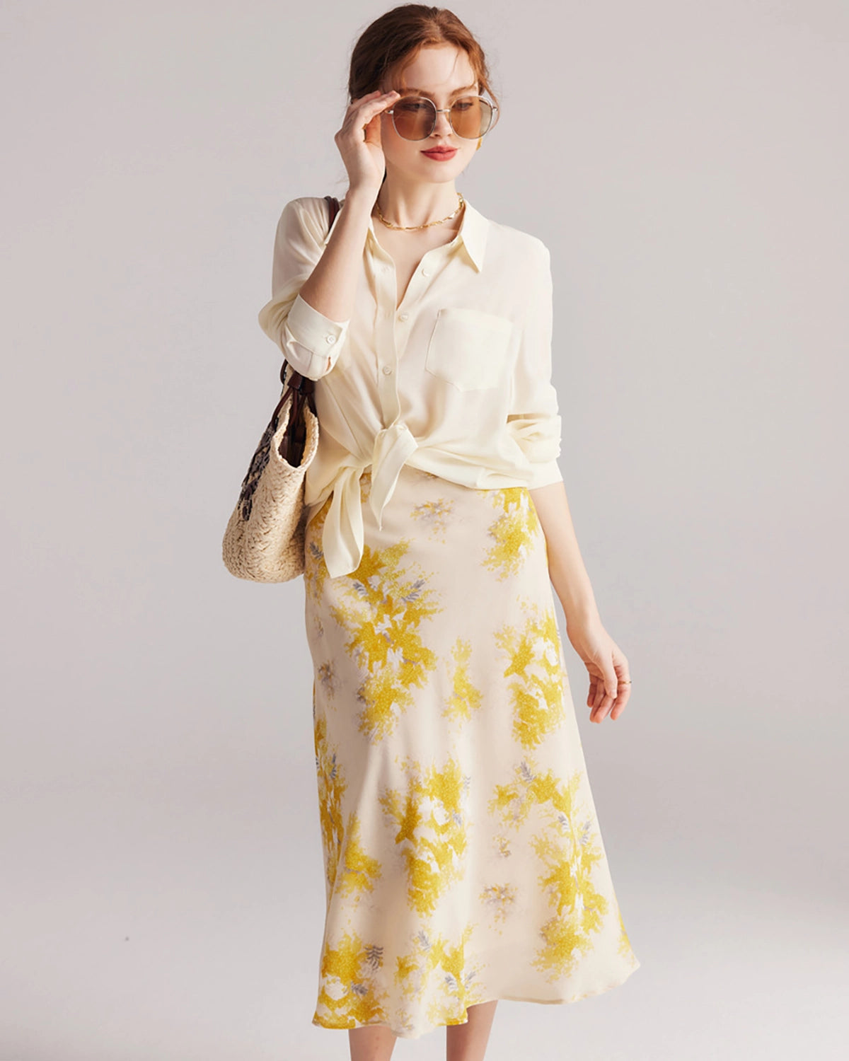 Elegant Floral Print Silk Midi Skirt for Women - Summer Boho Chic Skirt with Pockets - Perfect for Beach Vacations, Date Nights & Office Wear