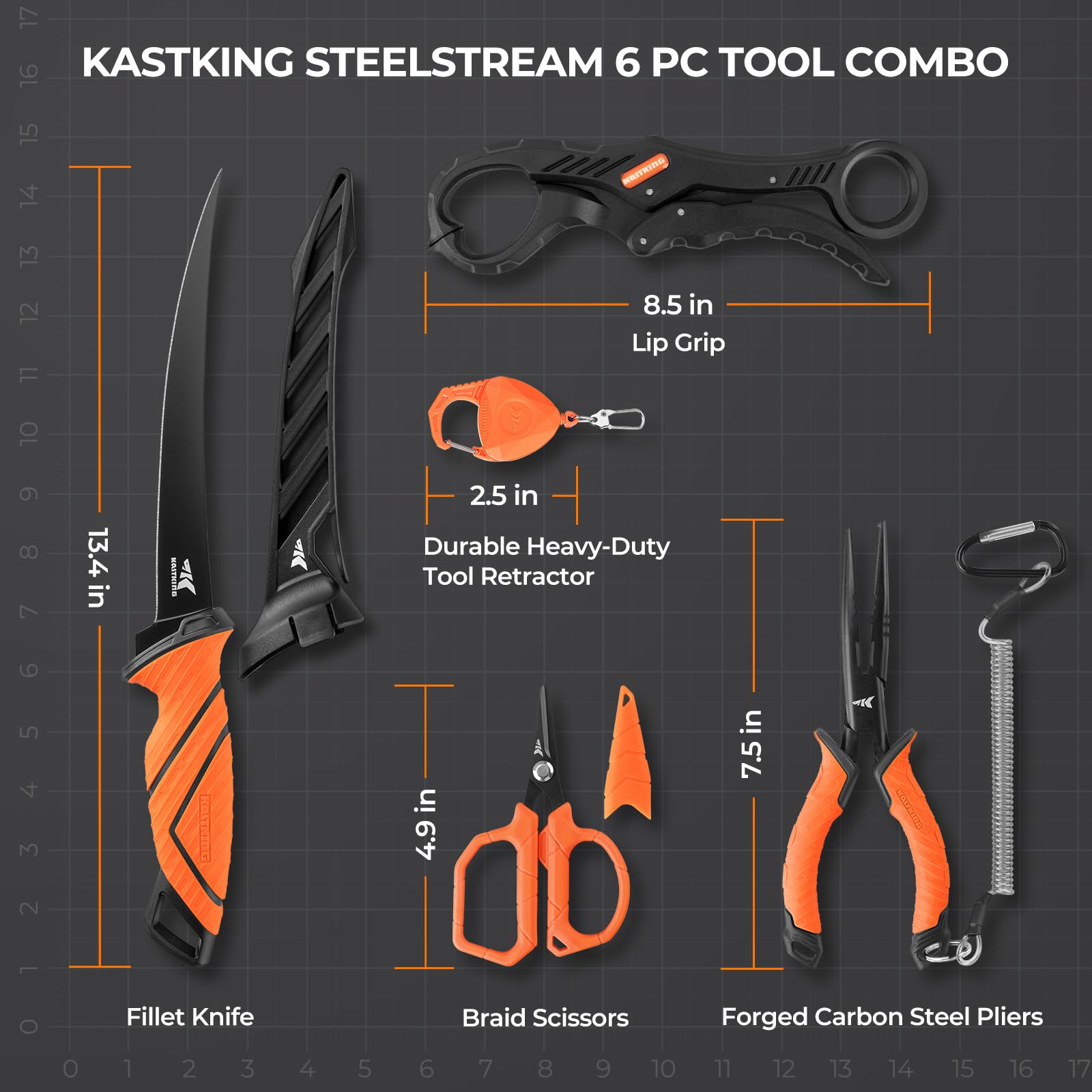 **KastKing SteelStream 6-Piece Fishing Tool Kit – Corrosion-Resistant Fishing Pliers, Fillet Knife, Floating Fish Lip Gripper, Braid Scissors & Tool Retractor – Perfect Fishing Gifts for Men – Ideal for Saltwater & Freshwater Fishing**