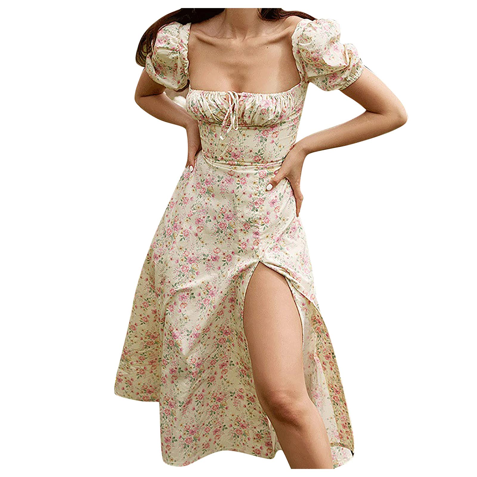 Boho Cottagecore Maxi Dress for Women - Vintage Floral Square Neck Puff Sleeve Long Dress with Side Slit | Perfect for Summer Festivals, Beach Vacations & Romantic Dates