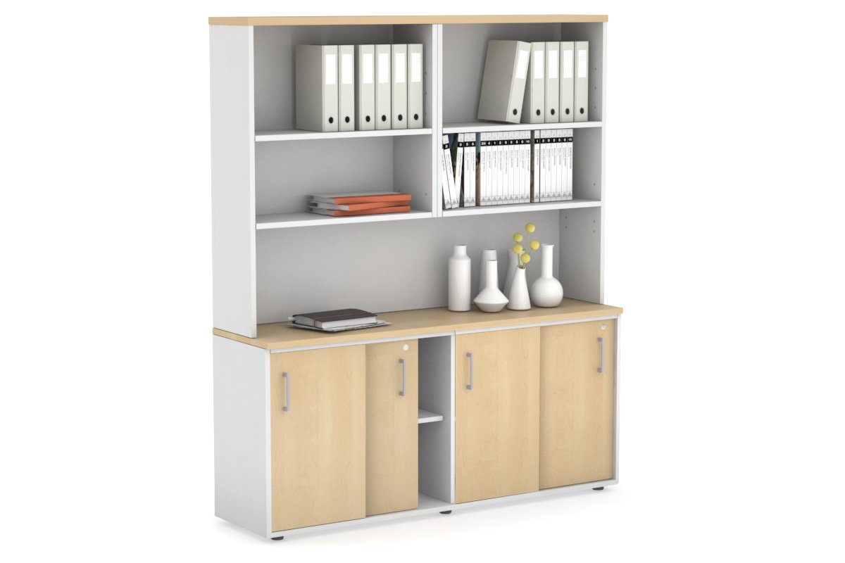 Modern White Sliding Door Credenza with Open Hutch - 1600W x 750H x 450D - Perfect for Home Office, Living Room & Bedroom Storage Organization