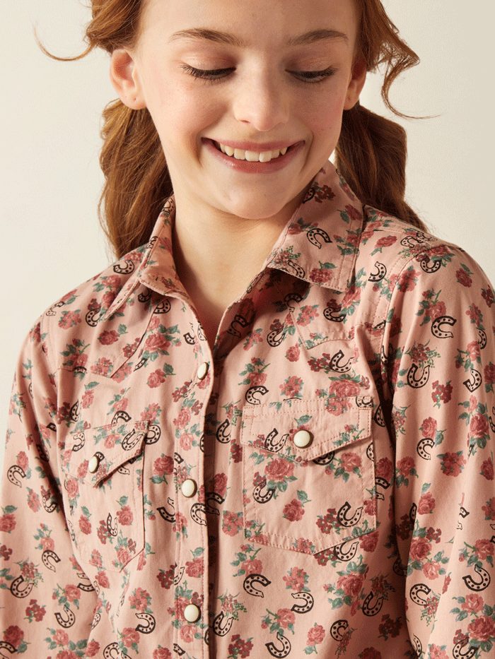 Ariat 10053889 Kids Western Shirt with Floral & Horseshoe Print - Perfect for Rodeo, Horse Riding & Country Style Outfits
