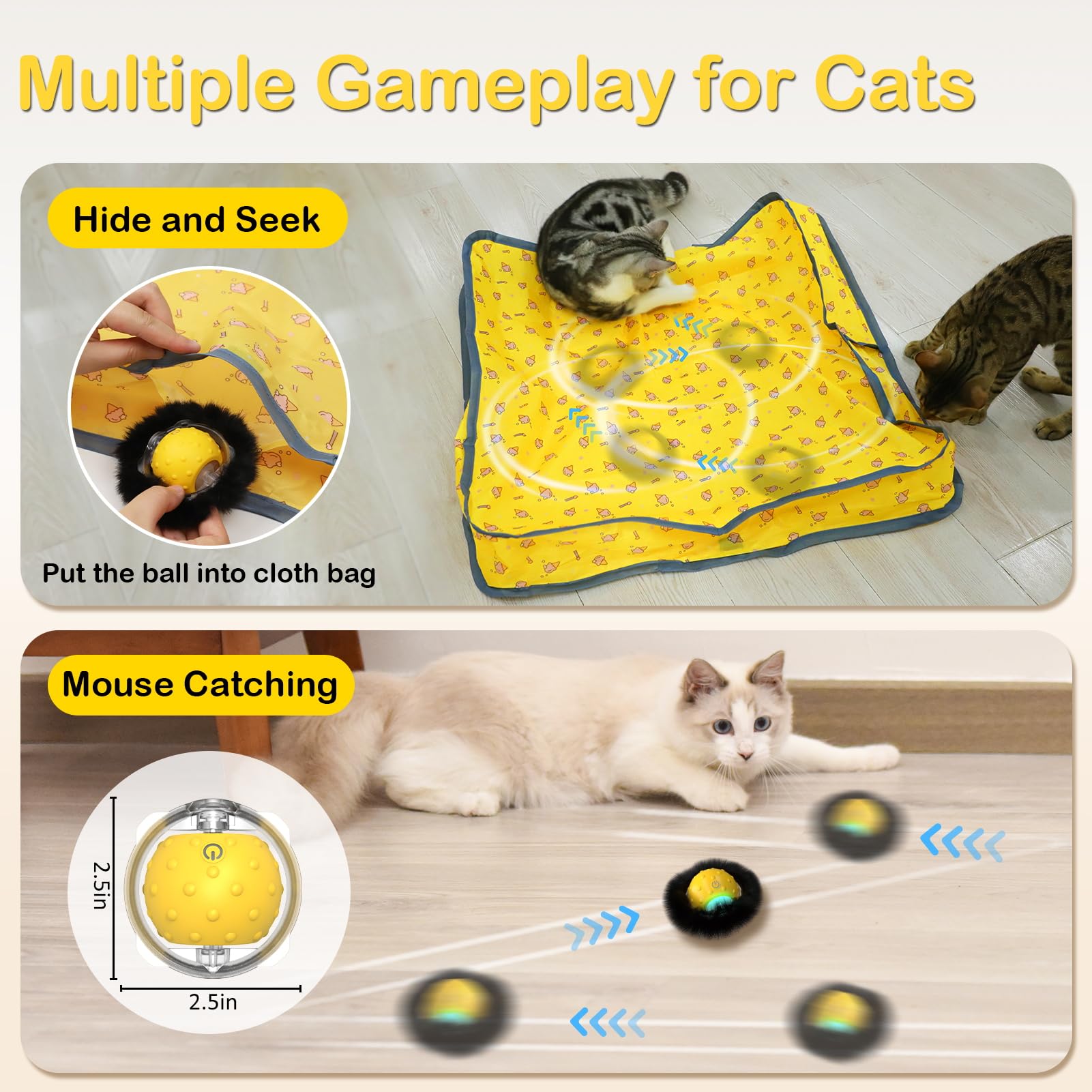 Interactive Electric Cat Toys for Indoor Cats - Motion Activated Chirping Ball with LED Light, Fast Rolling Hide & Seek Toy for Playtime & Exercise (Great for Boredom Relief & Nighttime Play)