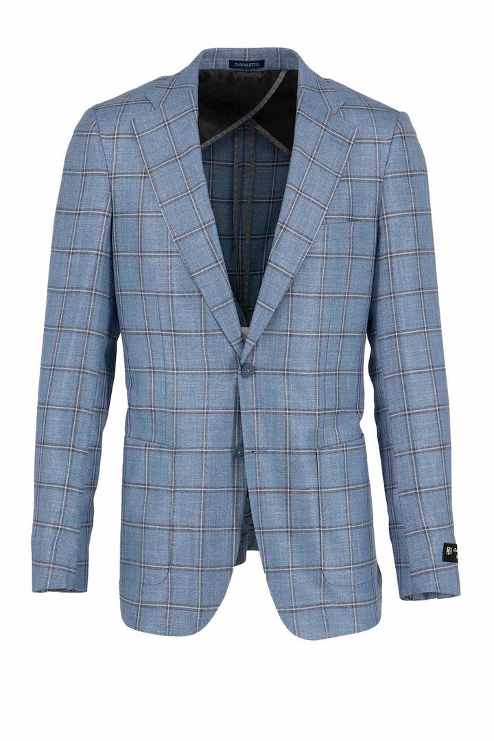 Canaletto Sky Blue & Gray Windowpane Slim Fit Bamboo Jacket | Half-Lined Blazer for Men | Perfect for Business Casual & Office Wear