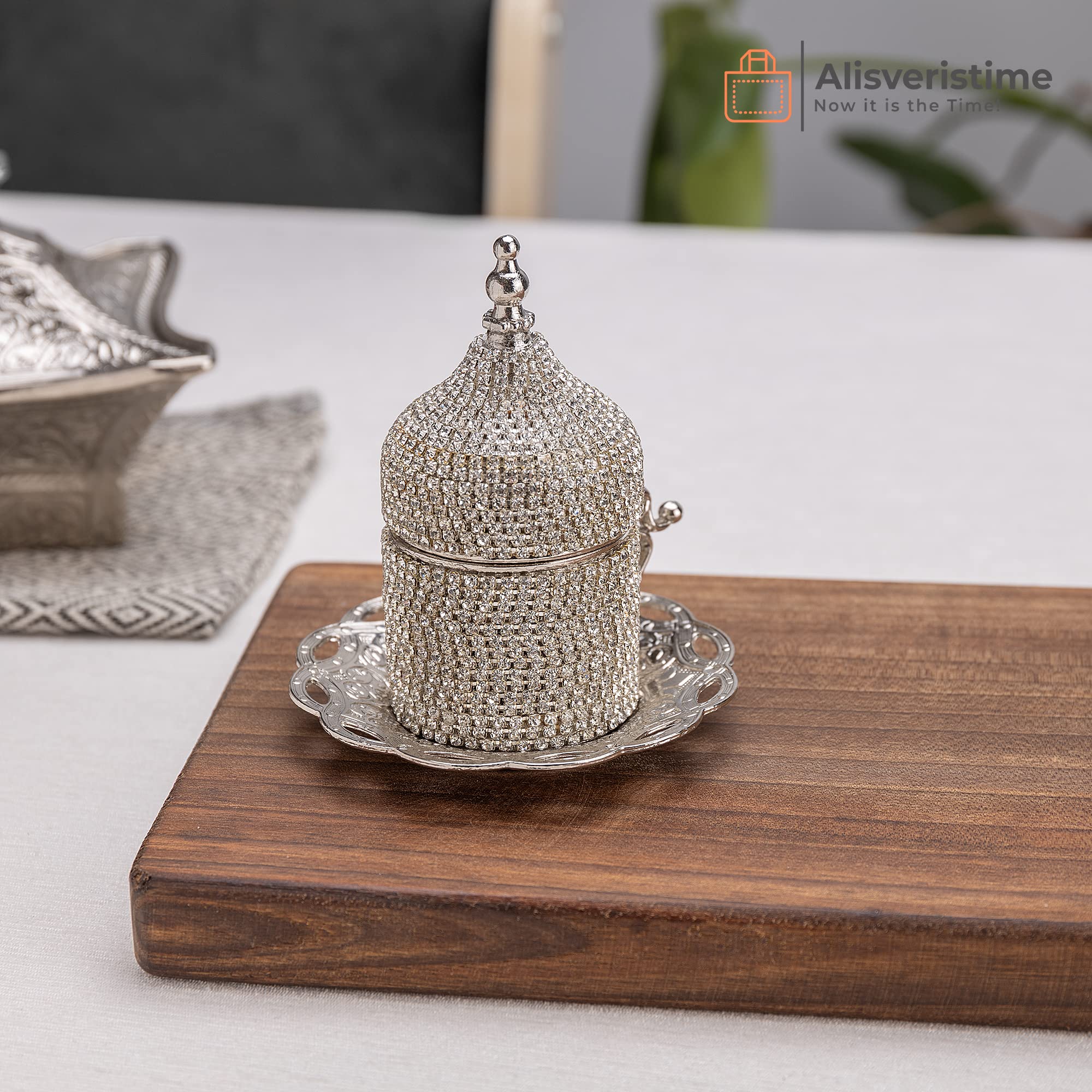 Turkish Coffee Set - 27-Piece Crystal Embellished Zamac Espresso Cups, Saucers & Sugar Bowl with Tray - Silver, Gold & Bronze Color Options - Perfect for Home Entertaining, Gifts & Traditional Coffee Ceremonies