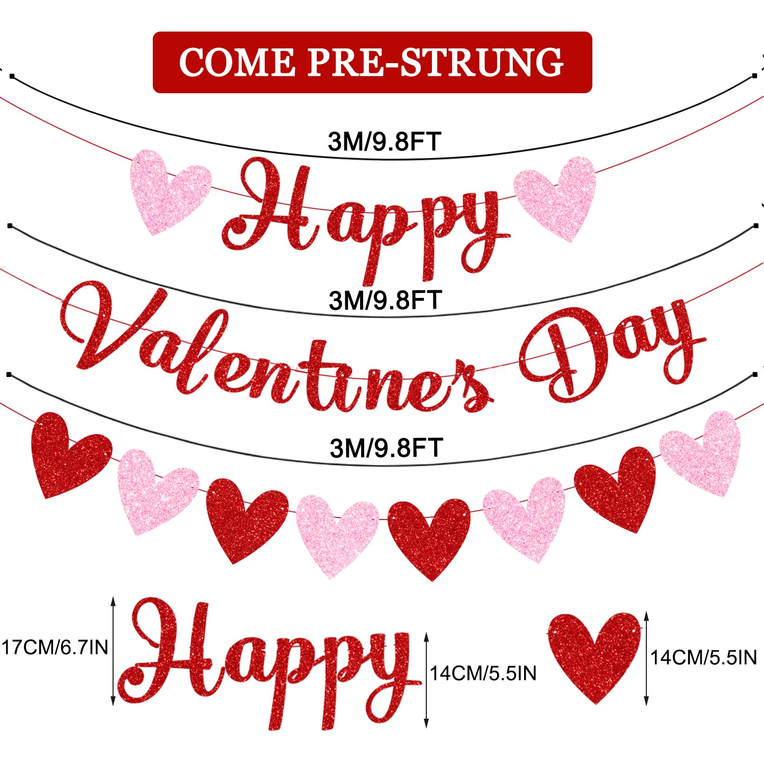 CAVLA Red Glitter Valentine's Day Banner & Pink Heart Garland - Romantic Party Decor for Valentine's Wedding, Anniversary, Engagement | Perfect for Home, Office & Event Decorations