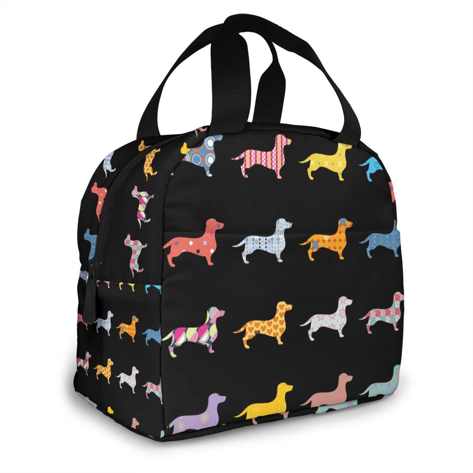 **Insulated Lunch Bag - Black Cartoon Dachshund Puppy Design, Reusable Cooler Tote for School, Office & Travel - Perfect for Picnics, Work Lunches & Outdoor Adventures**