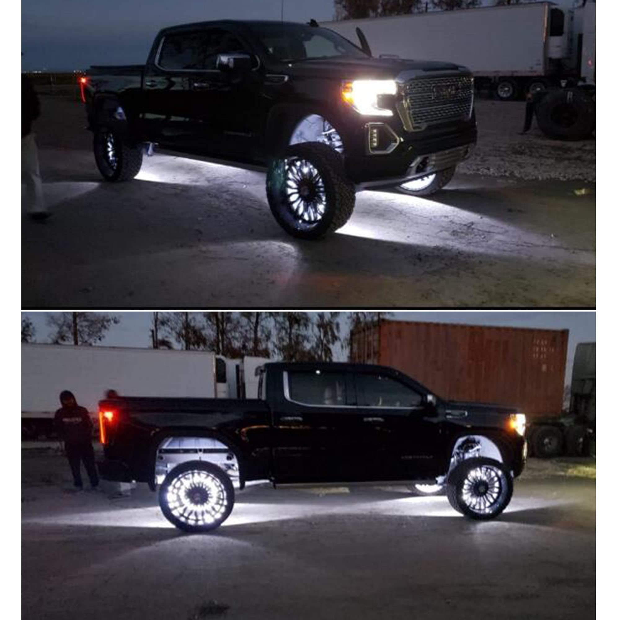4Pcs 15.5in RGBW Wheel Ring Lights with Braking Function - IP68 Waterproof RGB + White LED Wheel Well Lights, Rim Lights, Tire Lights - APP & RF Remote Control for Truck, Car, SUV, Pickup - Perfect for Off-Roading, Car Shows & Night Driving