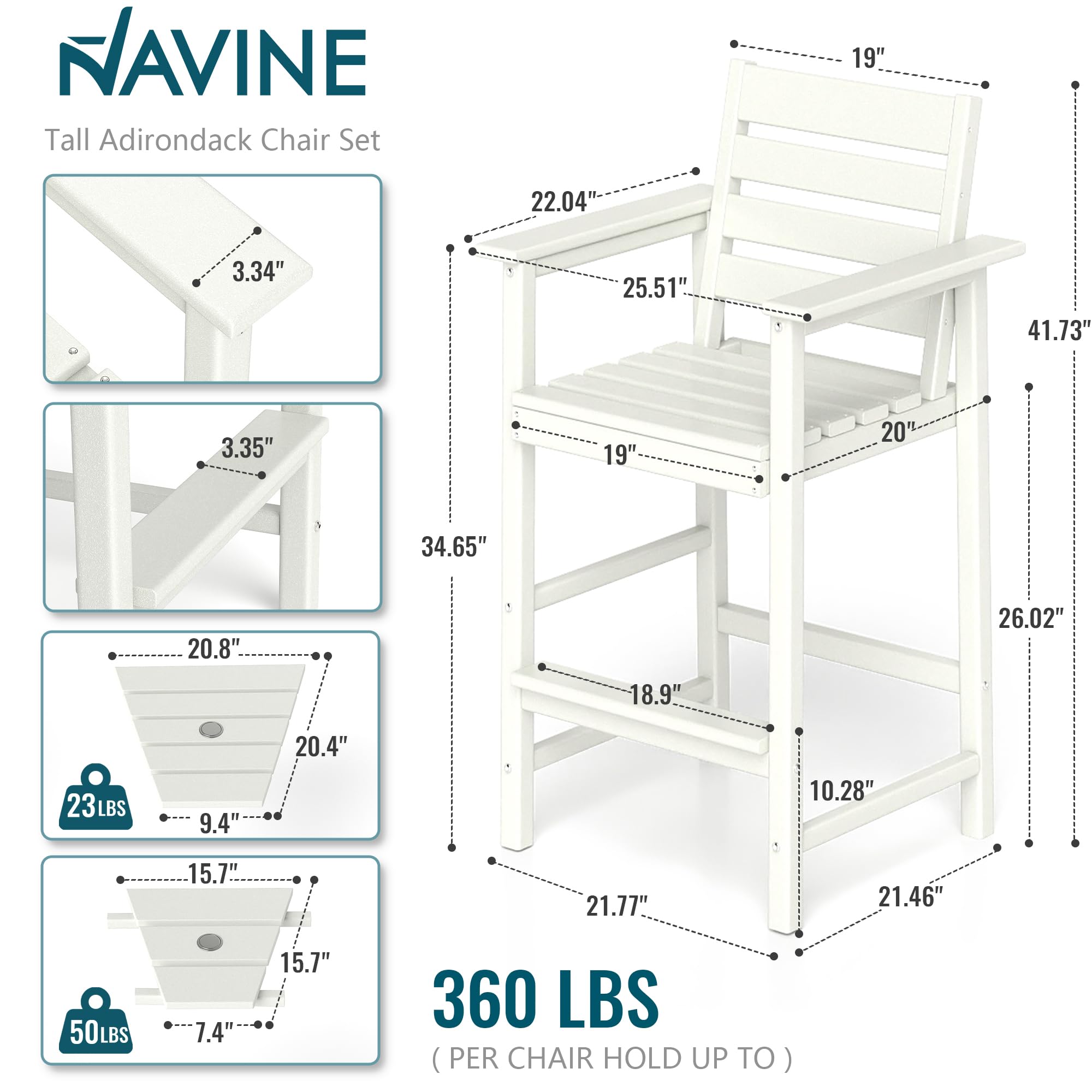 Premium HDPE Adirondack Bar Height Chairs Set of 2 - All-Weather Outdoor Bar Stools with Detachable Trays for Patio, Poolside, Bistro & Backyard Relaxation | White Tall Adirondack Chairs for Garden, Deck & Balcony Use