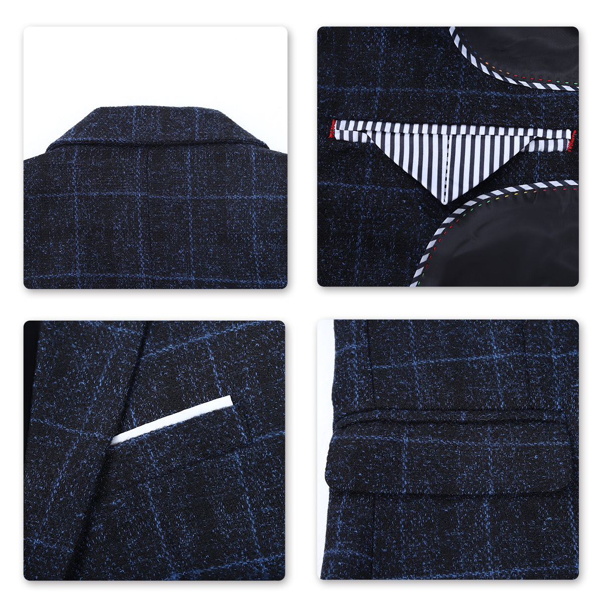 Men's Dark Blue Plaid One Button Wool 3-Piece Suit | Formal Business Attire & Wedding Outfit