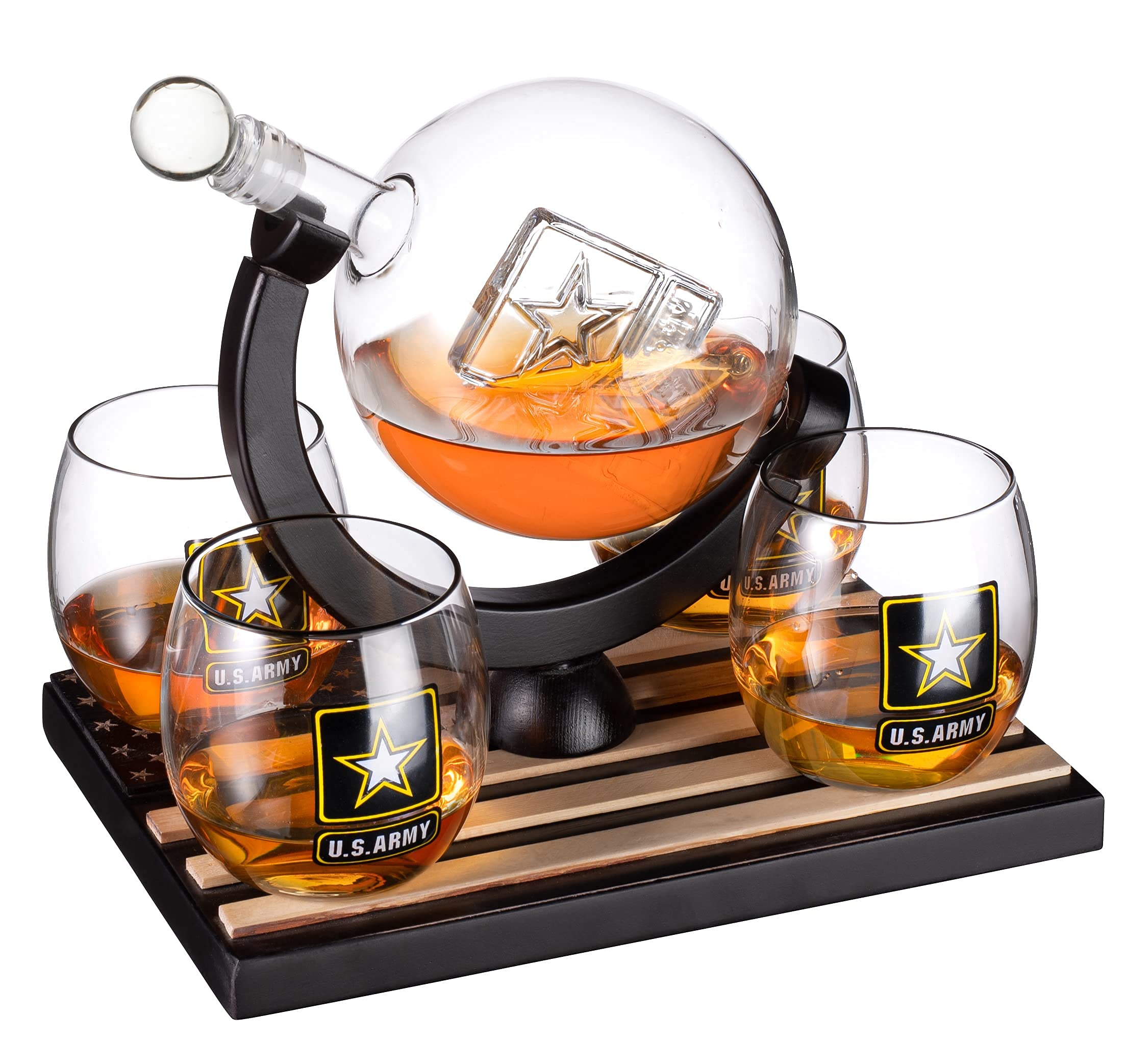 U.S. Army Whiskey Decanter Set with 4 Glasses & 9 Whiskey Stones - Wooden Flag Base Military Gift for Men, Veterans, Fathers - Perfect for Bourbon & Scotch Lovers - Ideal for Father's Day, Retirement, Home Bar Decor & Patriotic Celebrations
