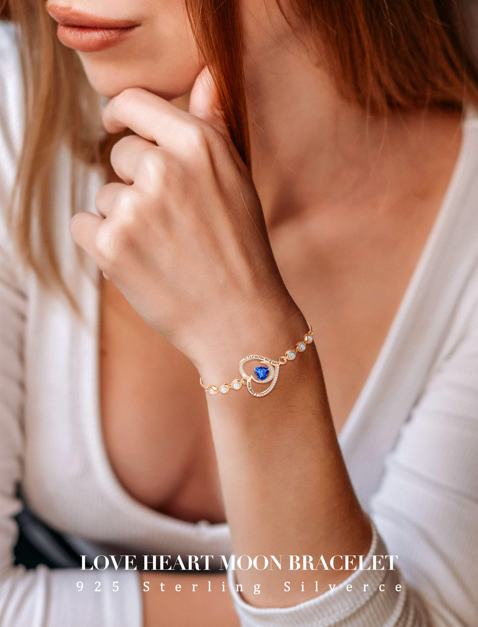 925 Sterling Silver Birthstone Bracelet for Women - Adjustable Tennis Bracelet with I Love You Charm, Luxurious Jewelry Gift for Wife, Mother, Anniversary, Birthday & Christmas - Perfect for Everyday Wear, Date Nights & Special Occasions