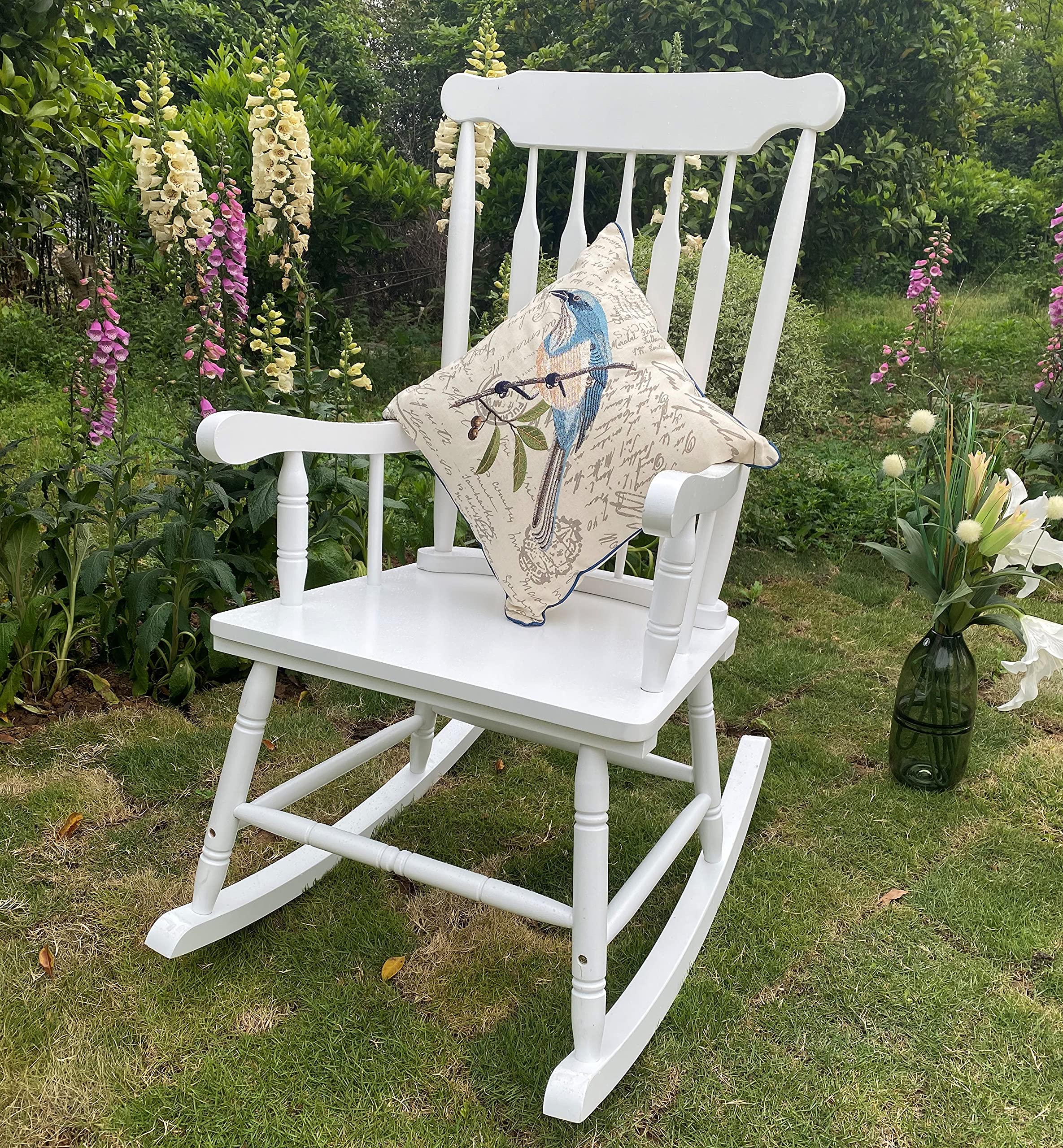 Sophia & William Modern White Poplar Wood Rocking Chair - Fan-Shaped Back Design for Porch, Patio, Garden, Lawn, Balcony & Indoor Use - 300 lbs Weight Capacity (1 Pack) - Perfect for Relaxing, Reading & Enjoying Outdoor Breezes