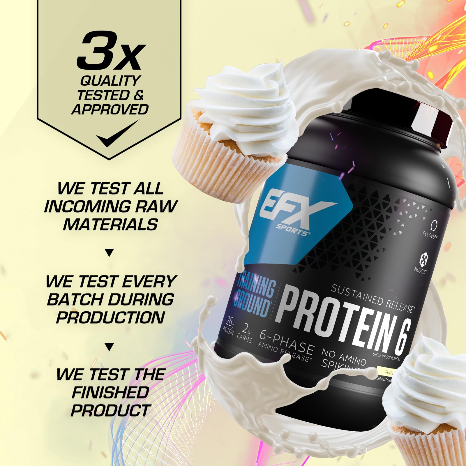 EFX Sports Training Ground Protein 6 - 26g 6-Source Sustained Release Protein Powder with Whey Isolate, Concentrate, Egg White & Pea Protein - Vanilla Flavor (32 Servings) for Post-Workout Recovery, Muscle Growth & Fitness Nutrition