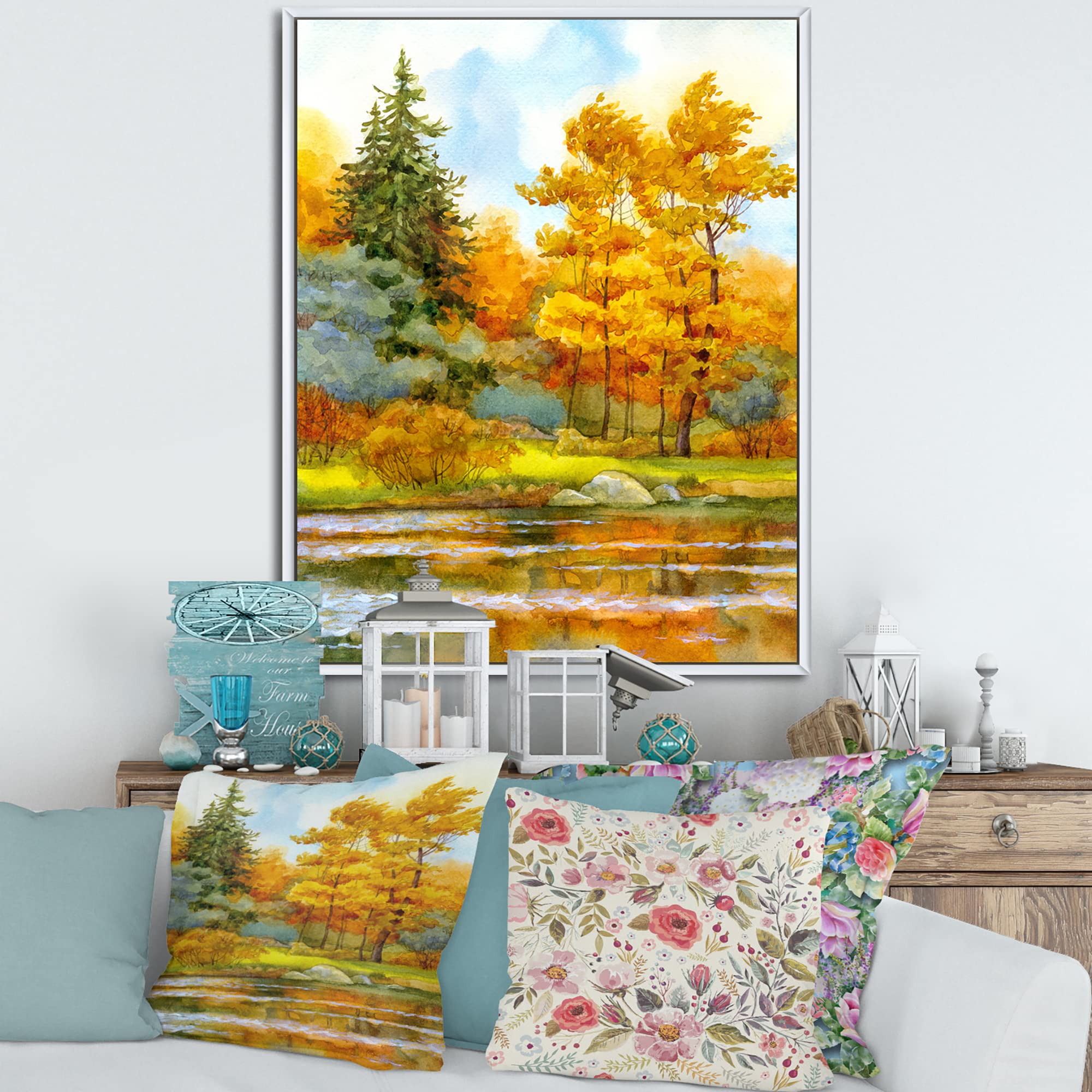 DesignQ Autumn Forest Lakeside Landscape - Framed Canvas Wall Art Print for Living Room, Bedroom & Office Decor