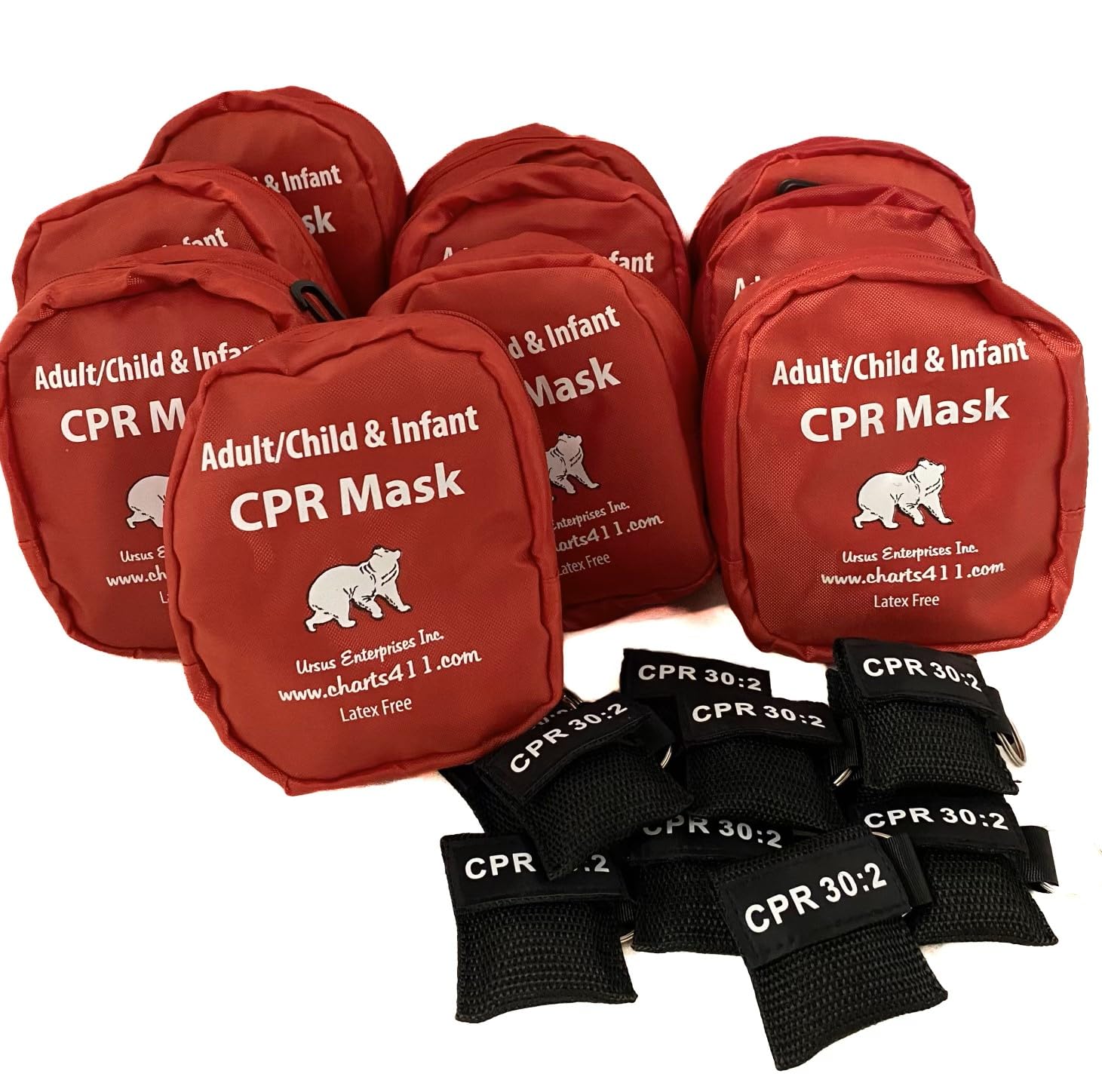 10-Pack Ursus Soft Shell CPR Pocket Resuscitator Masks for Adults, Children & Infants with 10 CPR Keychains - Emergency First Aid, First Responder & Home Safety Kit