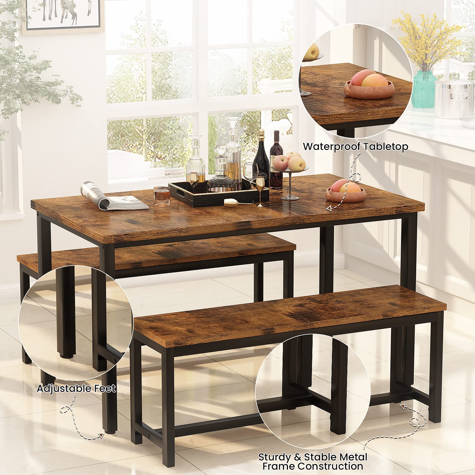 Rustic Brown AWQM Dining Table Set with 2 Benches - 47.2x28.7x28.7 Inch Kitchen Table & 40.5x11x17.7 Inch Benches - Perfect for Small Space Dining Rooms, Breakfast Nooks & Farmhouse Kitchens