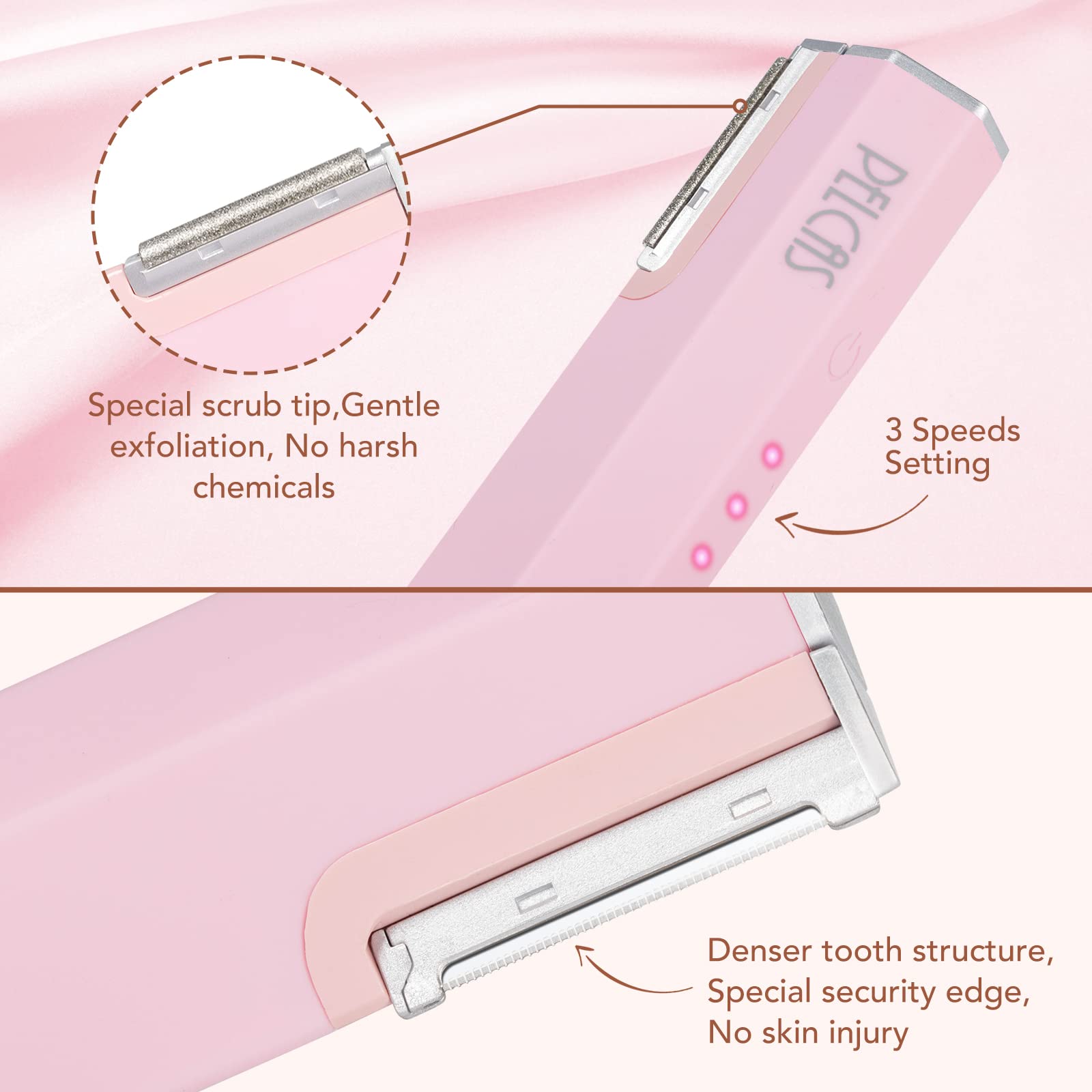 PELCAS Sonic Electric Dermaplaning Tool - 6 Replaceable Heads, 3-Speed Facial Hair Remover for Women | Eyebrow Razor for Unwanted Hair, Dead Skin & Peach Fuzz Removal | Perfect for At-Home Spa & Pre-Makeup Prep