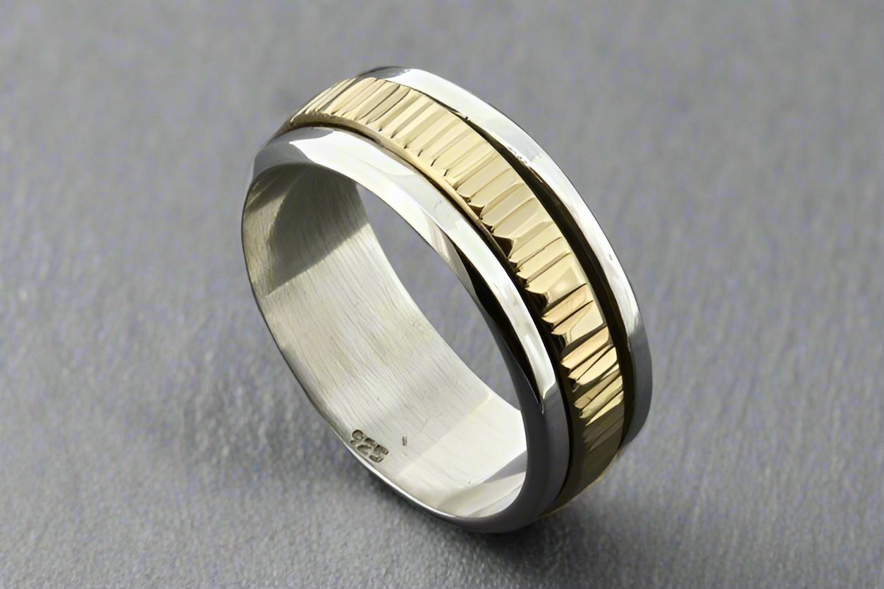 Handcrafted Etched Brass Spinner Ring in Sterling Silver - Perfect for Stress Relief, Meditation & Fashion Jewelry