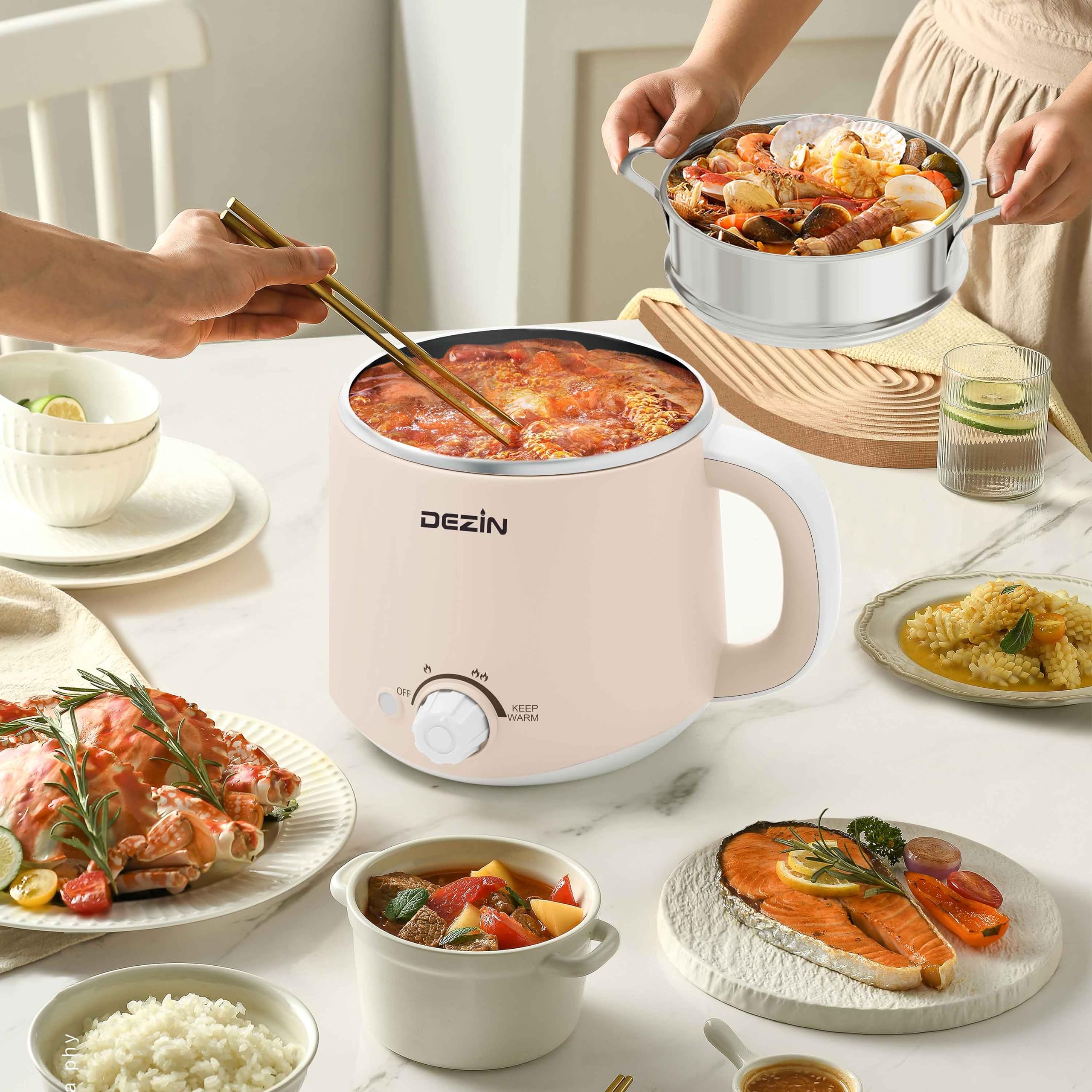 Dezin Electric Hot Pot with Steamer - 1.6L Stainless Steel Multi-Cooker for Ramen, Eggs, Dumplings & Soup | Fast Noodle Cooker with Adjustable Temp & Keep Warm | Perfect for Dorm, Office, Camping & Small Kitchens