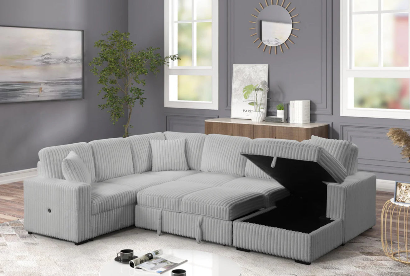Becky Sectional Pull Out Sleeper Sofa with Storage Chaise | Corduroy Fabric | Convertible Couch Bed for Small Spaces | Perfect for Guest Rooms, Apartments & Living Rooms