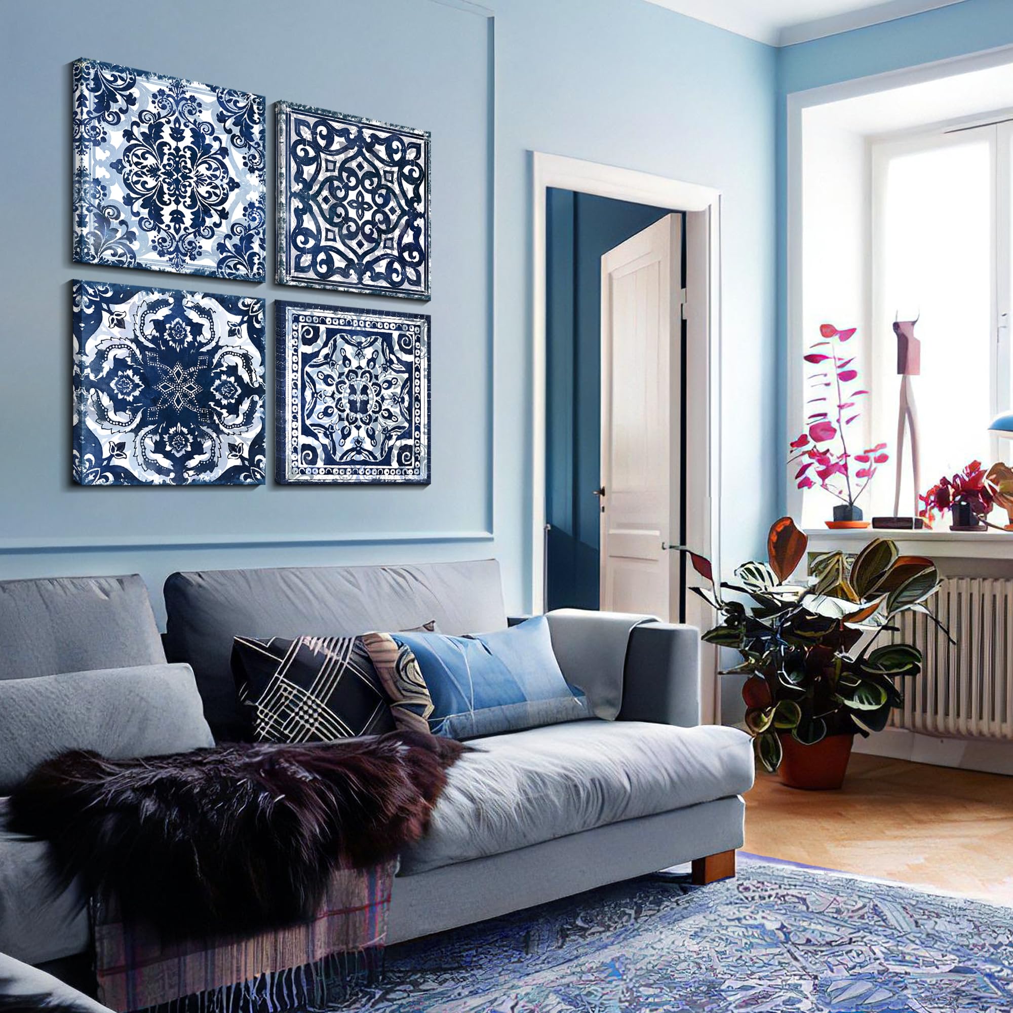 Modern Navy Blue Flower Canvas Wall Art - Set of 4 Framed Abstract Prints (14x14 Inch Each) for Bedroom & Bathroom Decor | Perfect for Home, Office, and Gift Giving