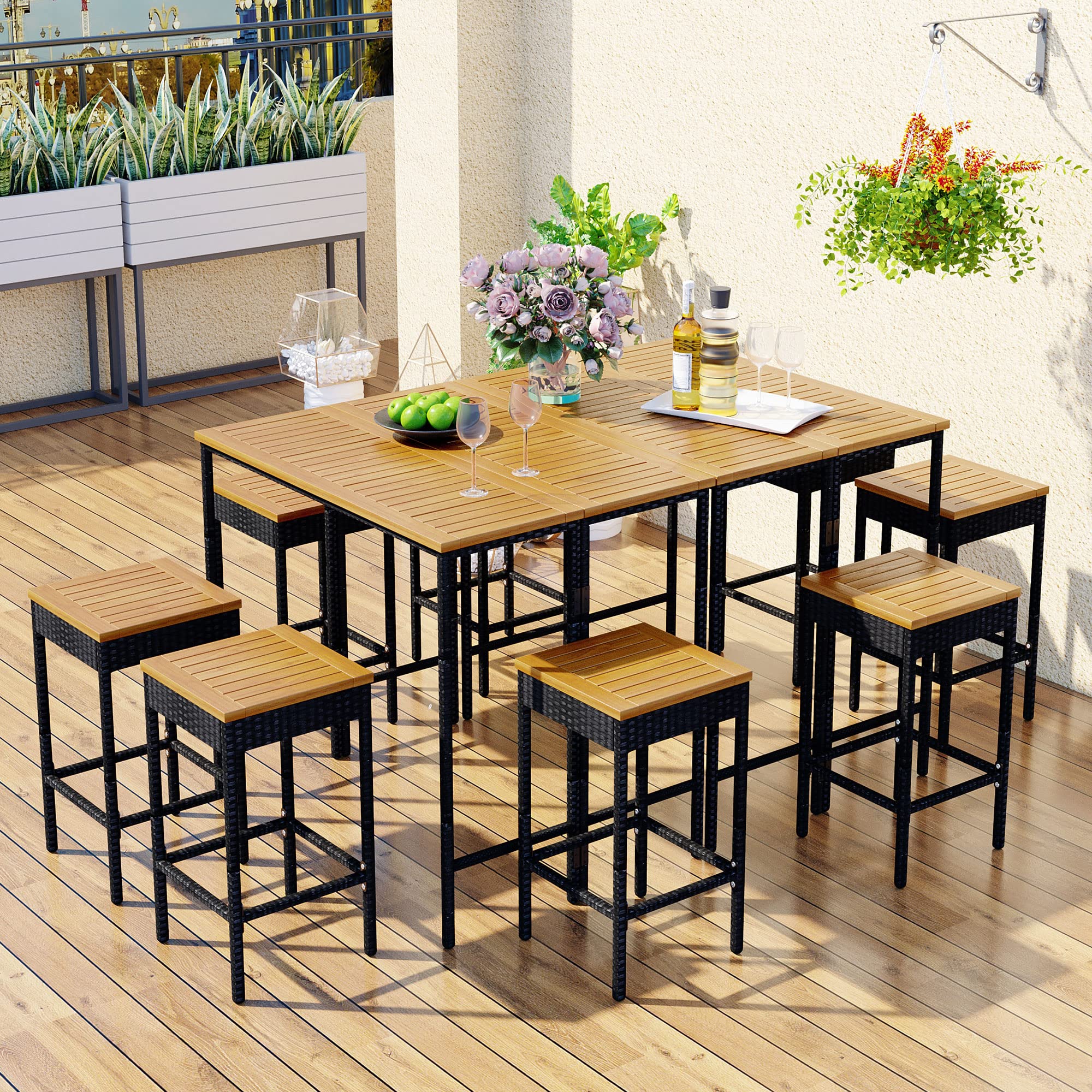 10-Piece Brown PE Rattan Wicker Patio Furniture Set - Outdoor Garden Dining Table & Bar Set with Foldable Tabletop & Square Stools - Perfect for Backyard BBQs, Poolside Lounging & Alfresco Dining