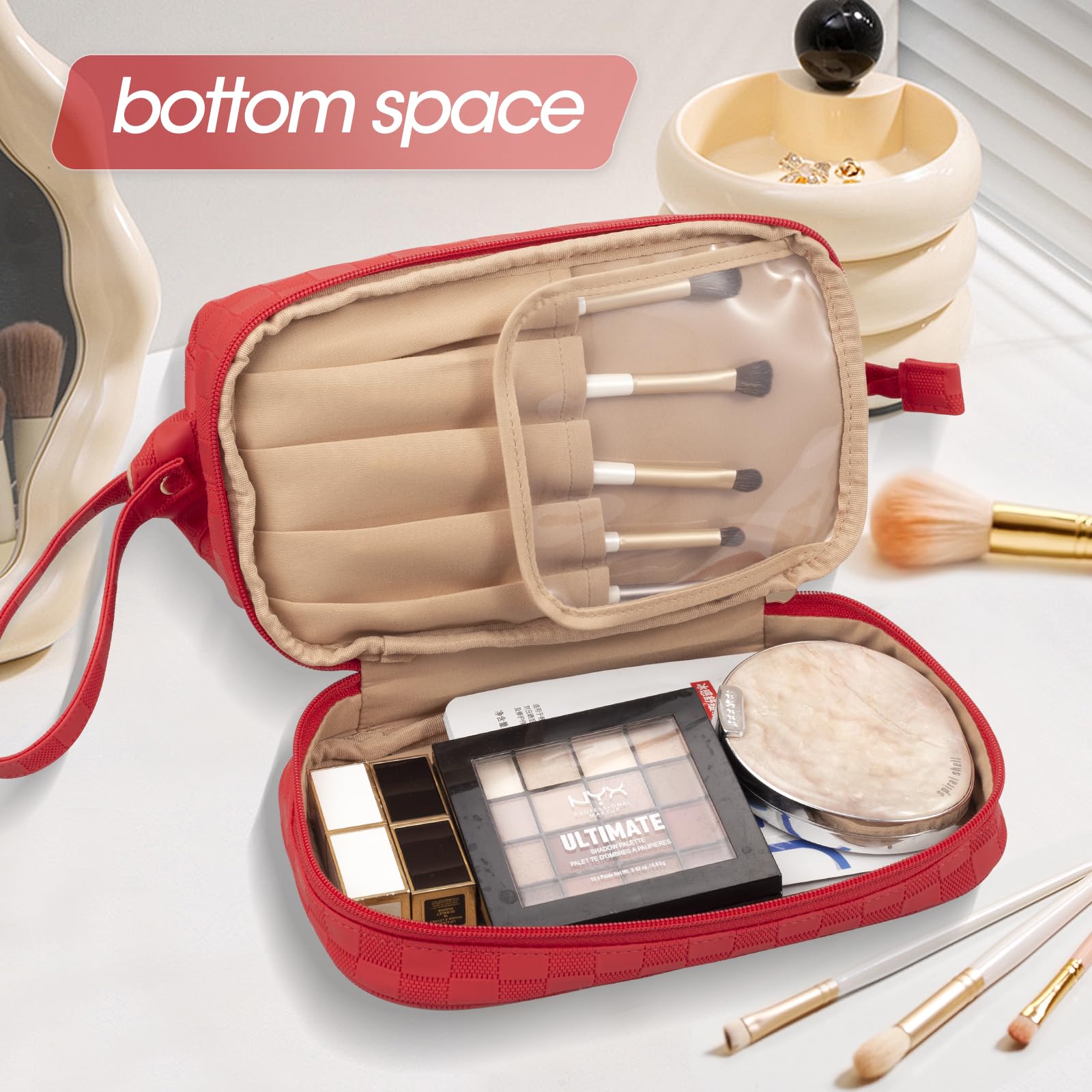 Abiudeng Large Waterproof Makeup Bag for Women - Travel Cosmetic Organizer with Bottom Pouch, Cute Toiletry Bag Essentials | Perfect for Travel, Gym, and Daily Makeup Storage