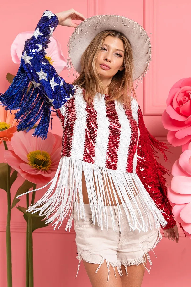 BiBi American Flag Theme Fringe Detailed Sequins Crop Top - Patriotic Party Wear for 4th of July, Concerts & Festivals