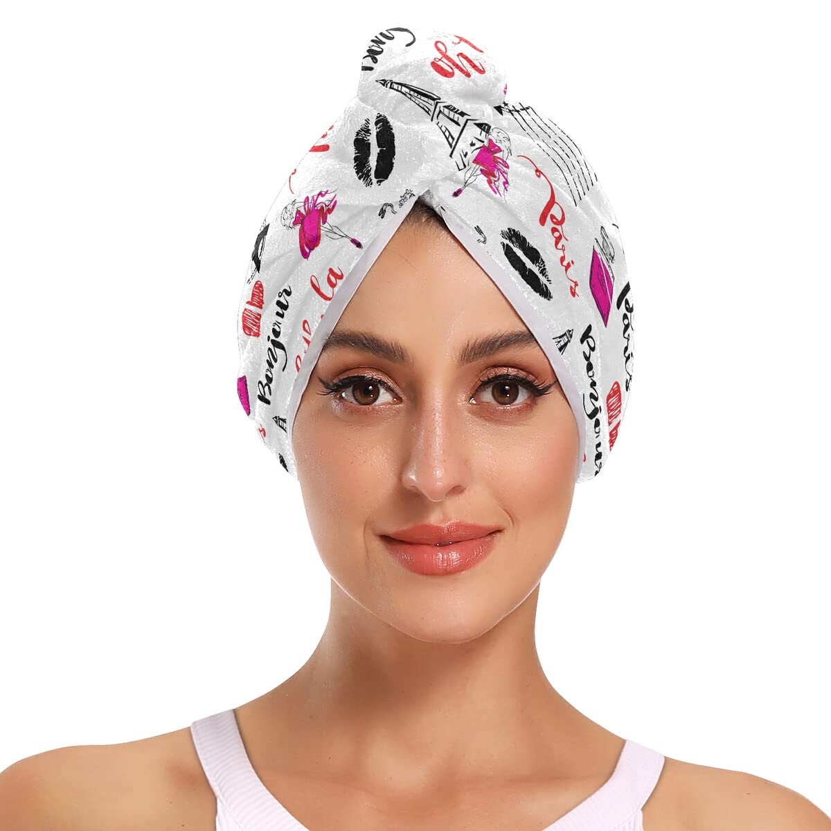 DOMIKING Bonjour Paris Eiffel Tower Hair Towel Wrap - 2 Pack Microfiber Hair Turban for Women, Quick Dry Anti-Frizz Hair Towel for Curly Hair - Perfect for Shower, Salon, Travel & Home Hair Care