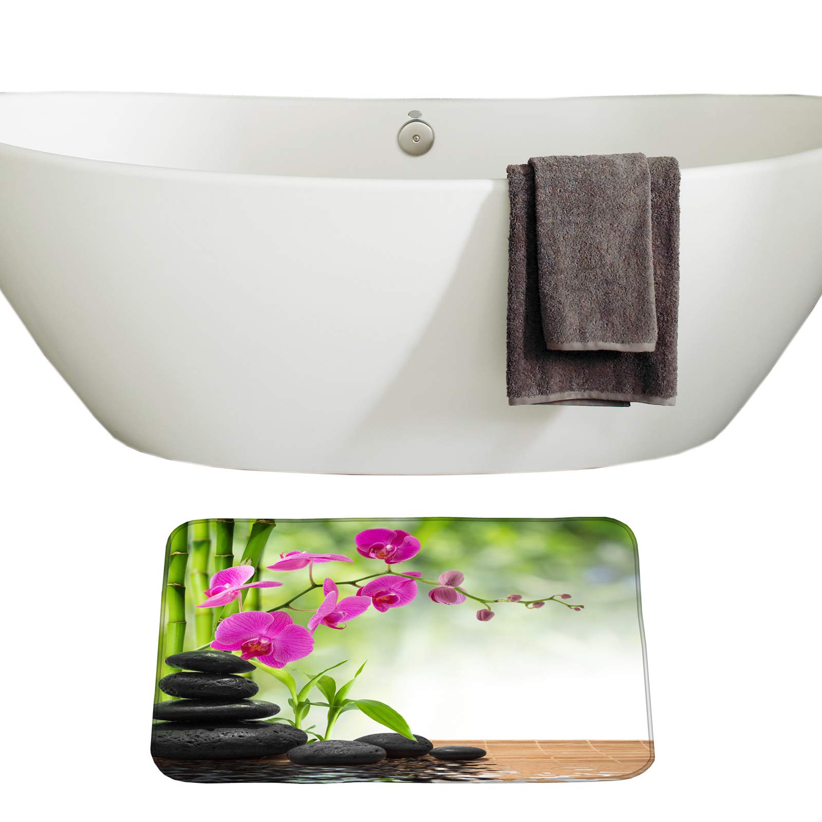 3-Piece Spa Zen Garden Bathroom Mat Set with Bamboo Orchids & Water Decor - Non-Slip Bath Mat, Contour Mat & Toilet Cover for Relaxing Bathroom Decor (Perfect for Zen Bathrooms, Spa Retreats & Home Wellness Spaces)