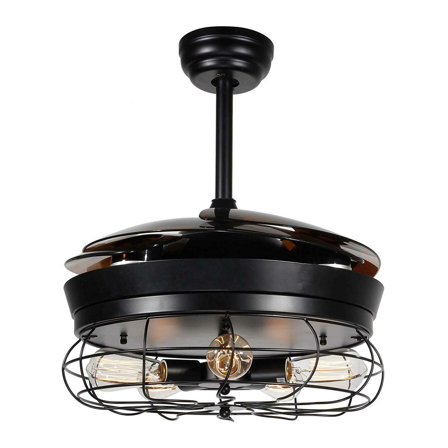 42'' Retractable Ceiling Fan with Light - Farmhouse Industrial Pendant Chandelier with Remote Control & Invisible Blades (Requires 5 Edison Bulbs) for Living Room, Bedroom, Dining Room, Office, Kitchen - Perfect for Home Cooling and Stylish Lighting