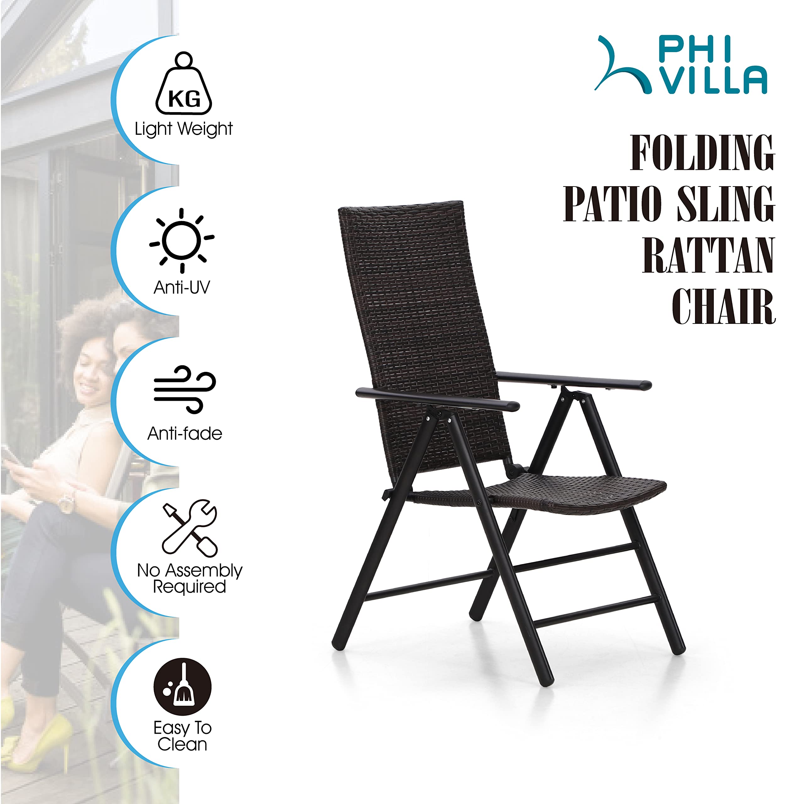 PHI VILLA Outdoor Wicker Dining Chairs Set of 2 - Adjustable Folding Patio Chairs with Cushions, All-Weather Rattan Furniture for Deck, Porch, Poolside, Backyard & Garden - Perfect for Dining, Lounging and Entertaining Guests