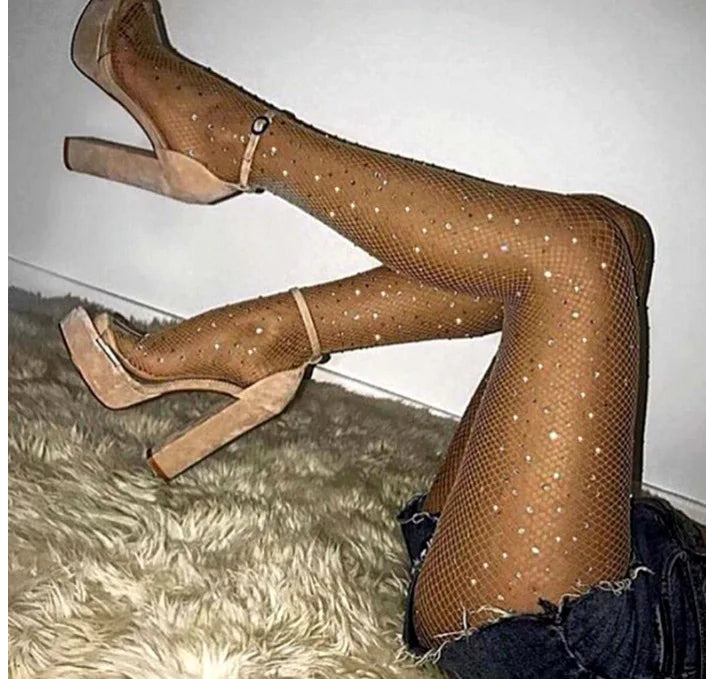Sexy Diamond Fishnet Pantyhose for Women - Shiny Rhinestone Mesh Nylon Stockings & Tights - Perfect for Party, Cosplay, and Night Out