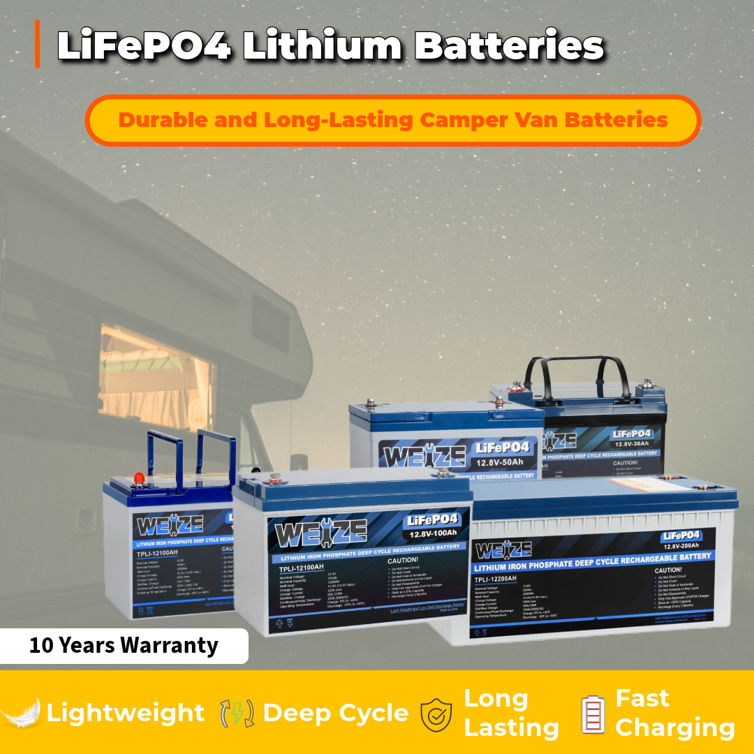WEIZE LiFePO4 Lithium Battery for Camper Vans & RVs - Deep Cycle 12V 100Ah Power for Off-Grid Living, Solar Systems, Marine & RV Adventures