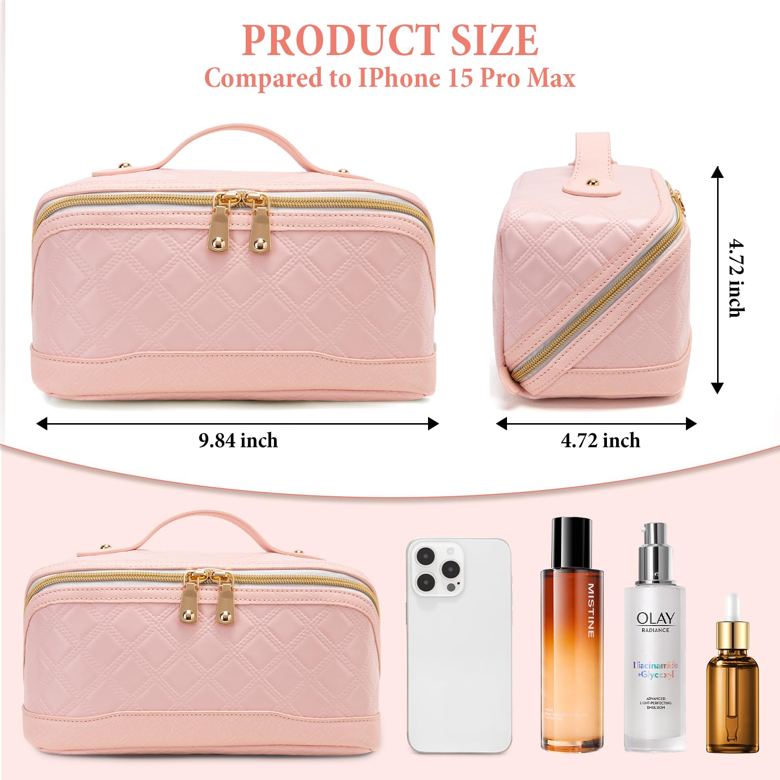 Large Capacity Travel Makeup Bag for Women - PU Leather Checkered Cosmetic Organizer with Handle & Divider, Pink Toiletry Bag | Perfect for Air Travel, Gym, Weekend Getaways & Daily Beauty Storage