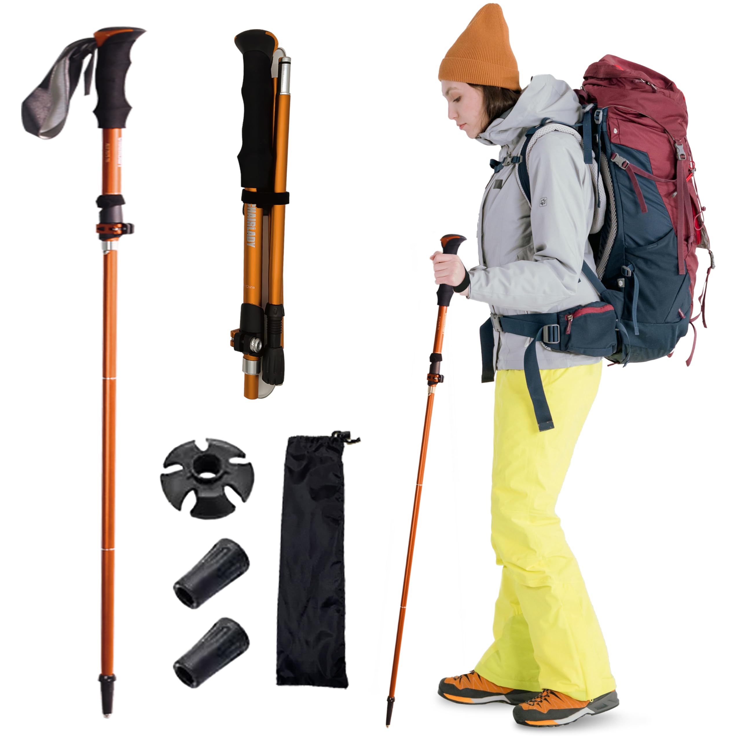 Ultra Lightweight Collapsible Trekking Poles for Hiking - Adjustable Quick Lock System with Terrain Accessories (1-Pack, Orange) - Perfect for Camping, Mountaineering, Walking & Outdoor Adventures