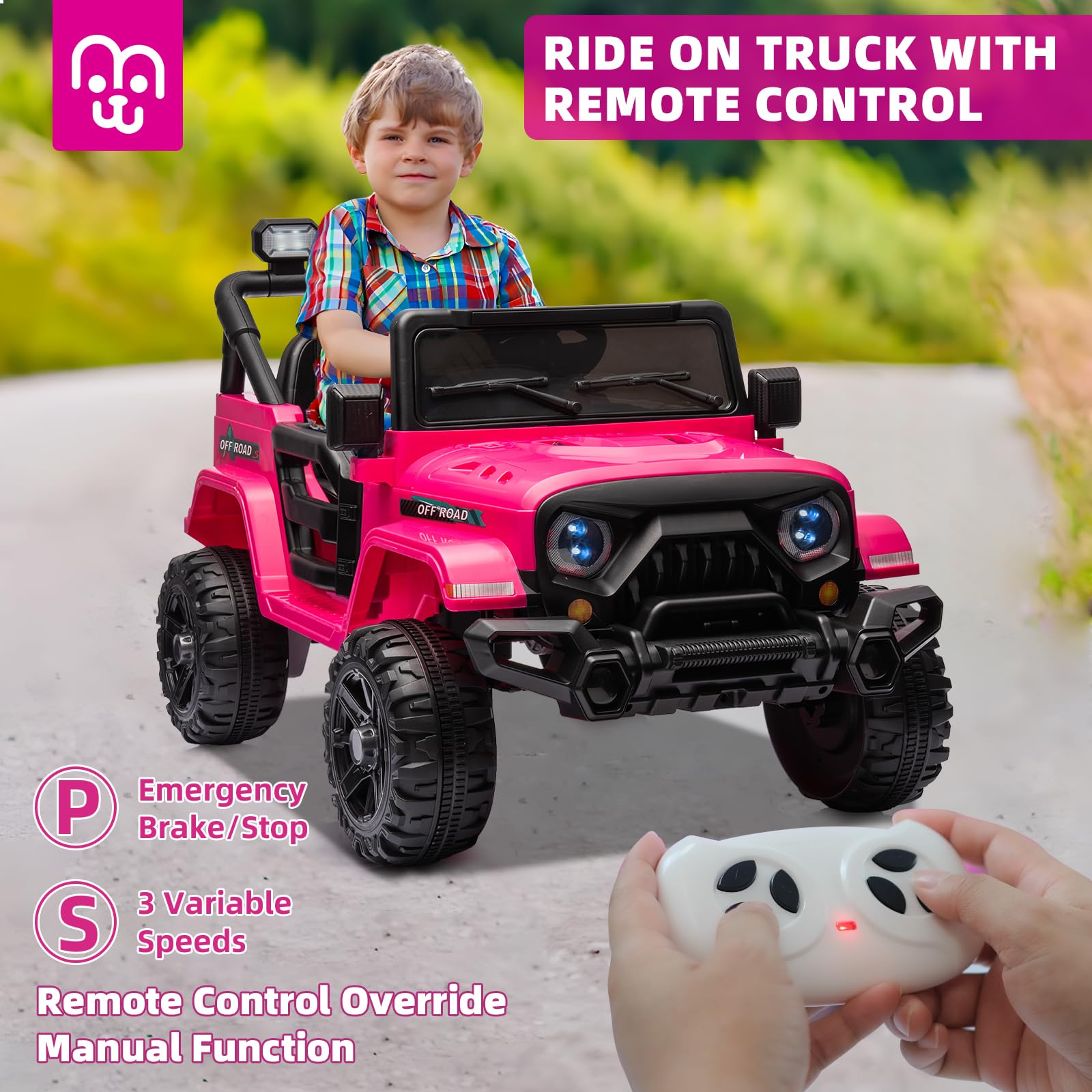 12V Kids Electric Ride-On Truck with Remote Control - 35W Twin Motors, 3.5MPH Max Speed, Bluetooth Music Player, LED Lights & Safety Belt - Perfect Gift for Boys & Girls (Rosy) - Ideal for Outdoor Play, Birthday Gifts & Family Fun
